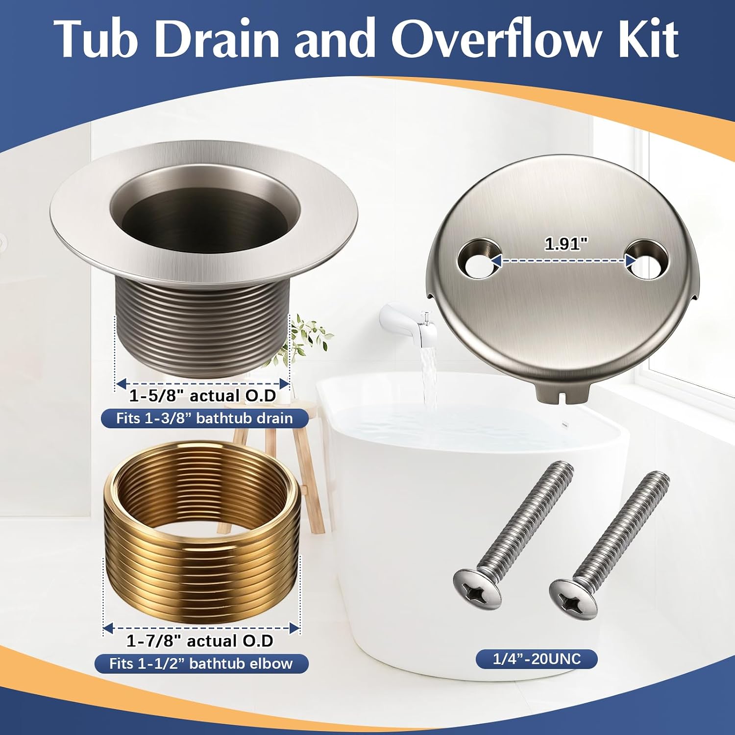 3-Piece Bath Fixture Kit with Shower Arm, Drain 5-1/4in Spout,Brushed Nickel | 1/2in IPS Female Thread, Standard Plumbing Fit, Leak-Resistant Connections, Thread Seal Tape Included, Easy DIY Installation