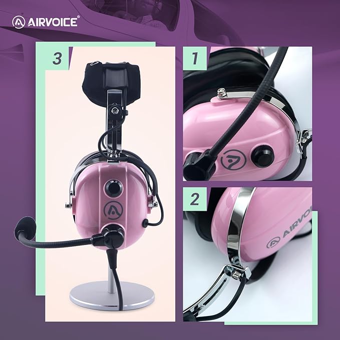 AIRVOICE Aviation Headset for Pilots with Mono Sound and Passive Noise Cancellation, PNR Aviation Headset with Noise Canceling Microphone, for Flight School Student, Instructor, Pink