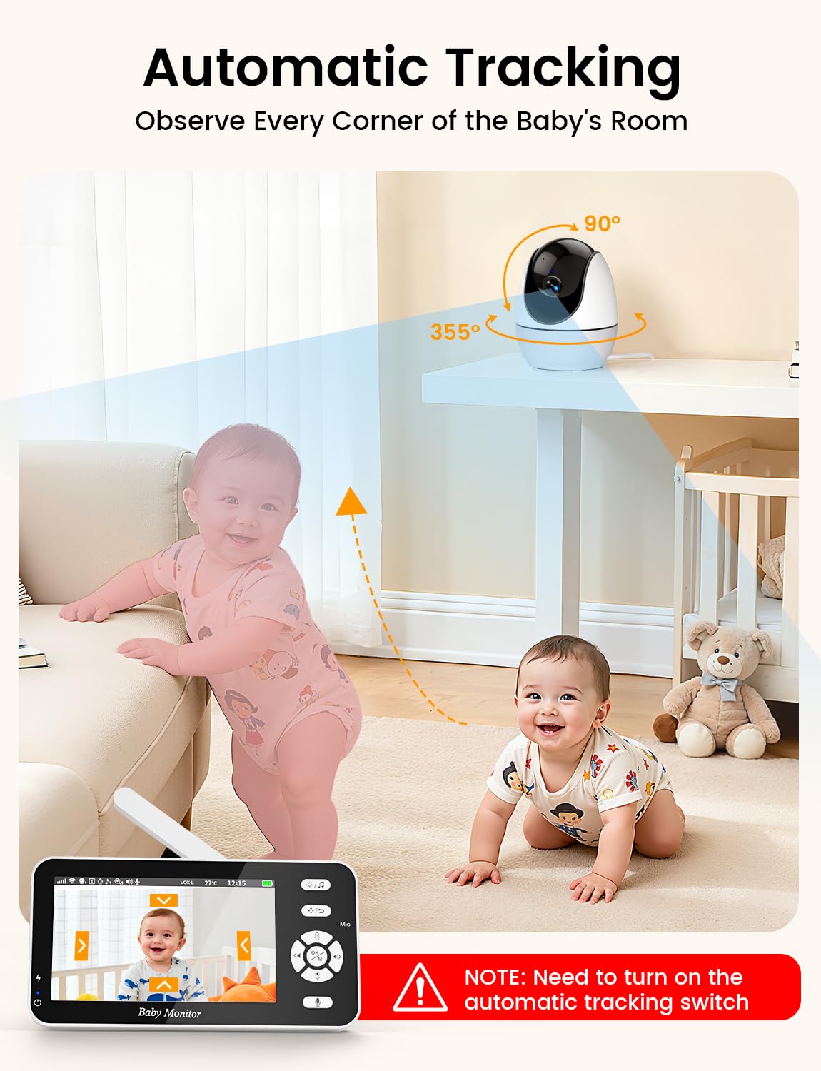 BURNNOVE Baby Monitor Video e Audio WiFi 4,3 Pollici IPS 3500mAh Batteria VOX Luce Notturna Rilevamento Temperatura