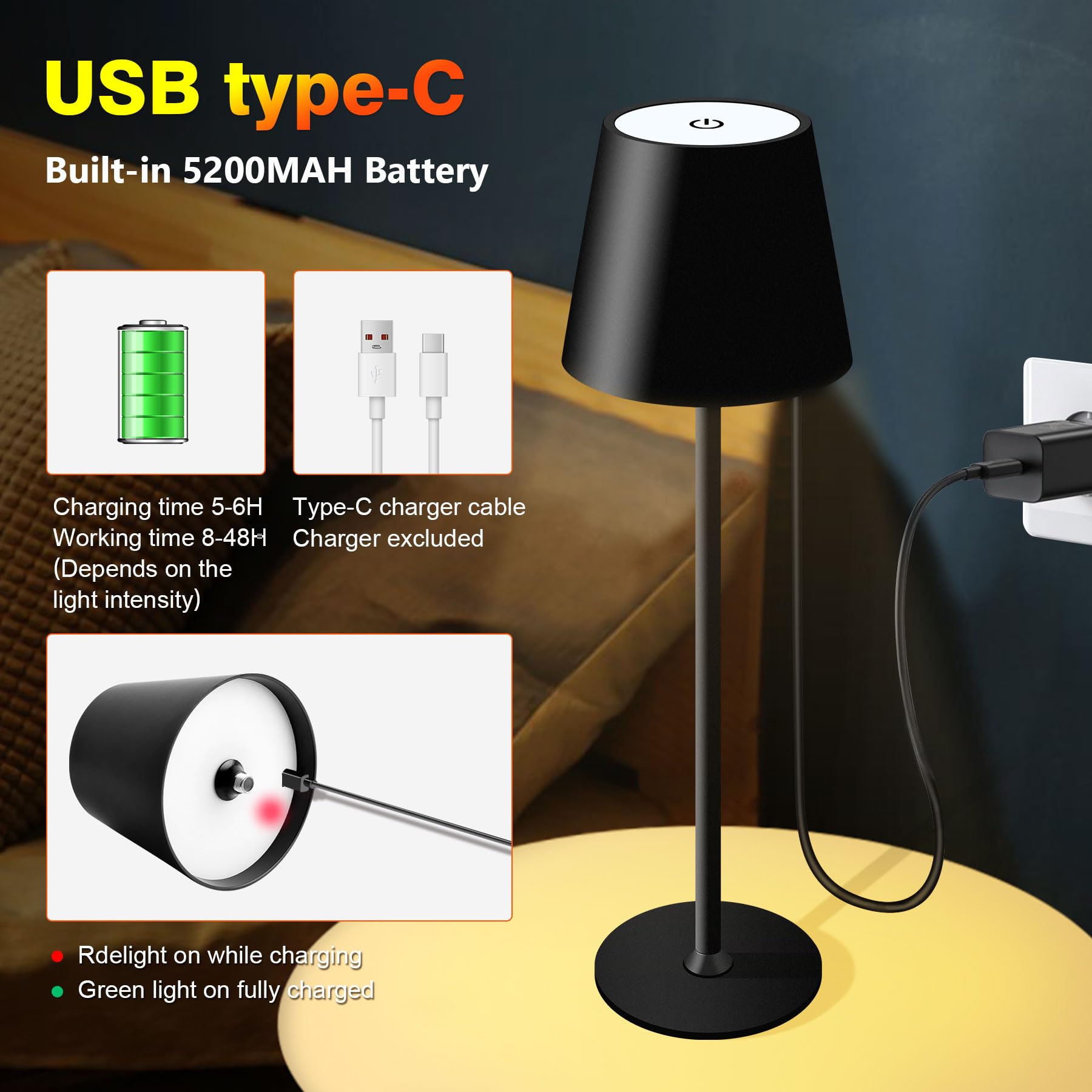 2 Lampade da Tavolo, Lampada da Tavolo Senza Fili, con Batteria da 5200 mAh, Lampada da Tavolo a Batteria Ricaricabile con USB, IP54 Impermeabile per Soggiorno Camera da Letto Sala da Pranzo Bar