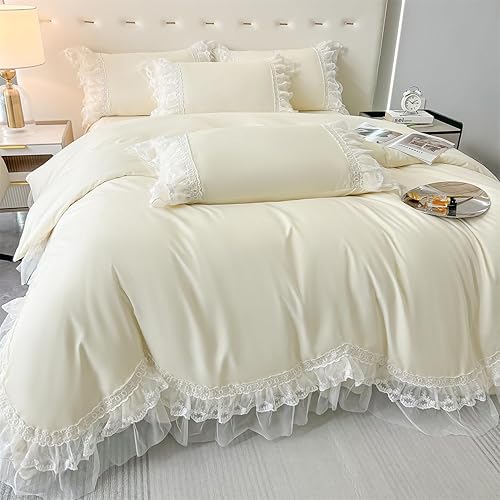 Miniatura 7 de MOOWOO Elegante juego de funda de edredón de poliéster con encaje y volantes, ropa de cama amarilla para niña, funda de edredón de 3 piezas con