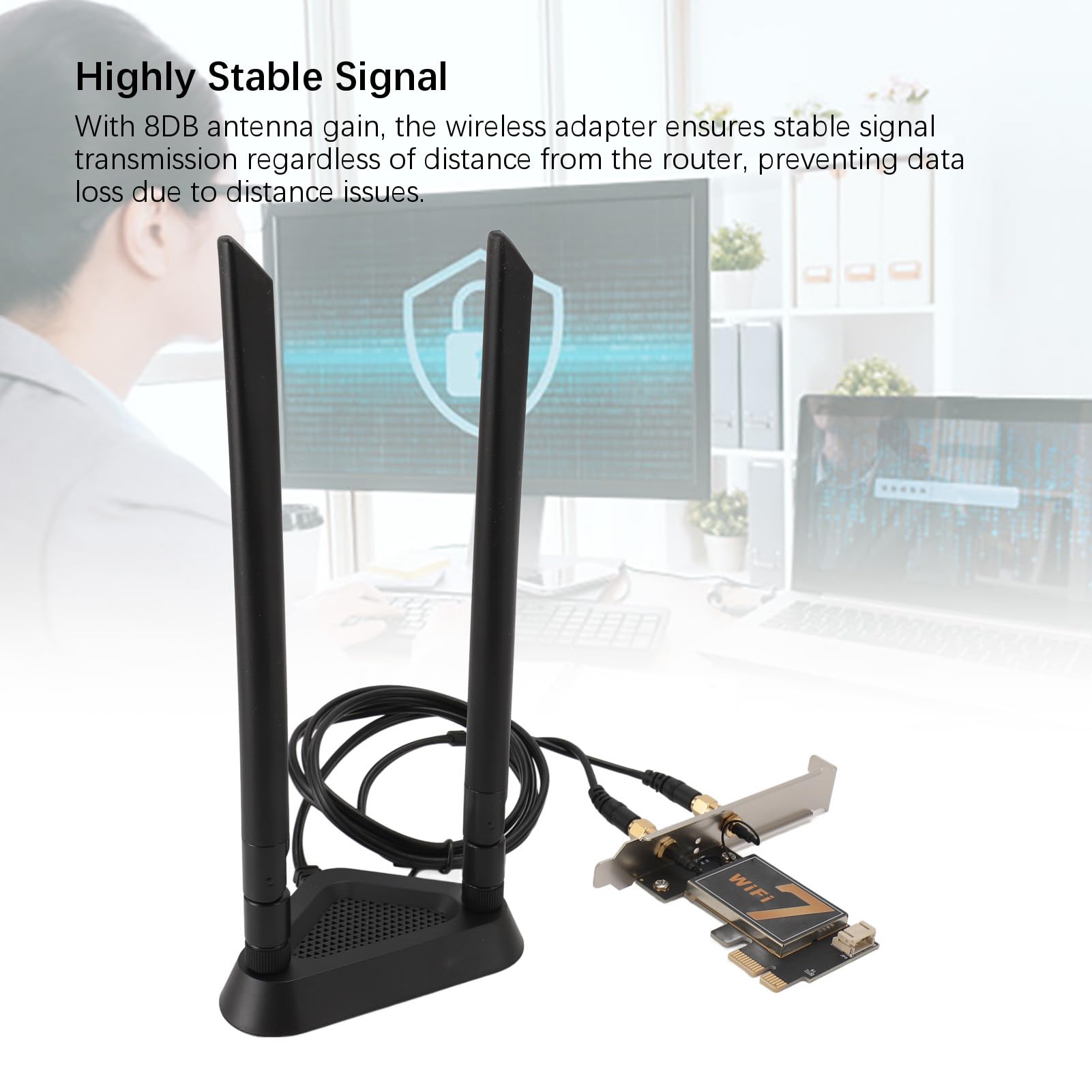 Tarjeta de Adaptador de Red WiFi, Tarjeta WiFi PCI EX1 BE200NGW 5.4 2.4 G 5G 6 G con una Antena de 8dB para Escritorio -pc (Sin Base de Antena) (con Base de Antena extendida Desmontable)