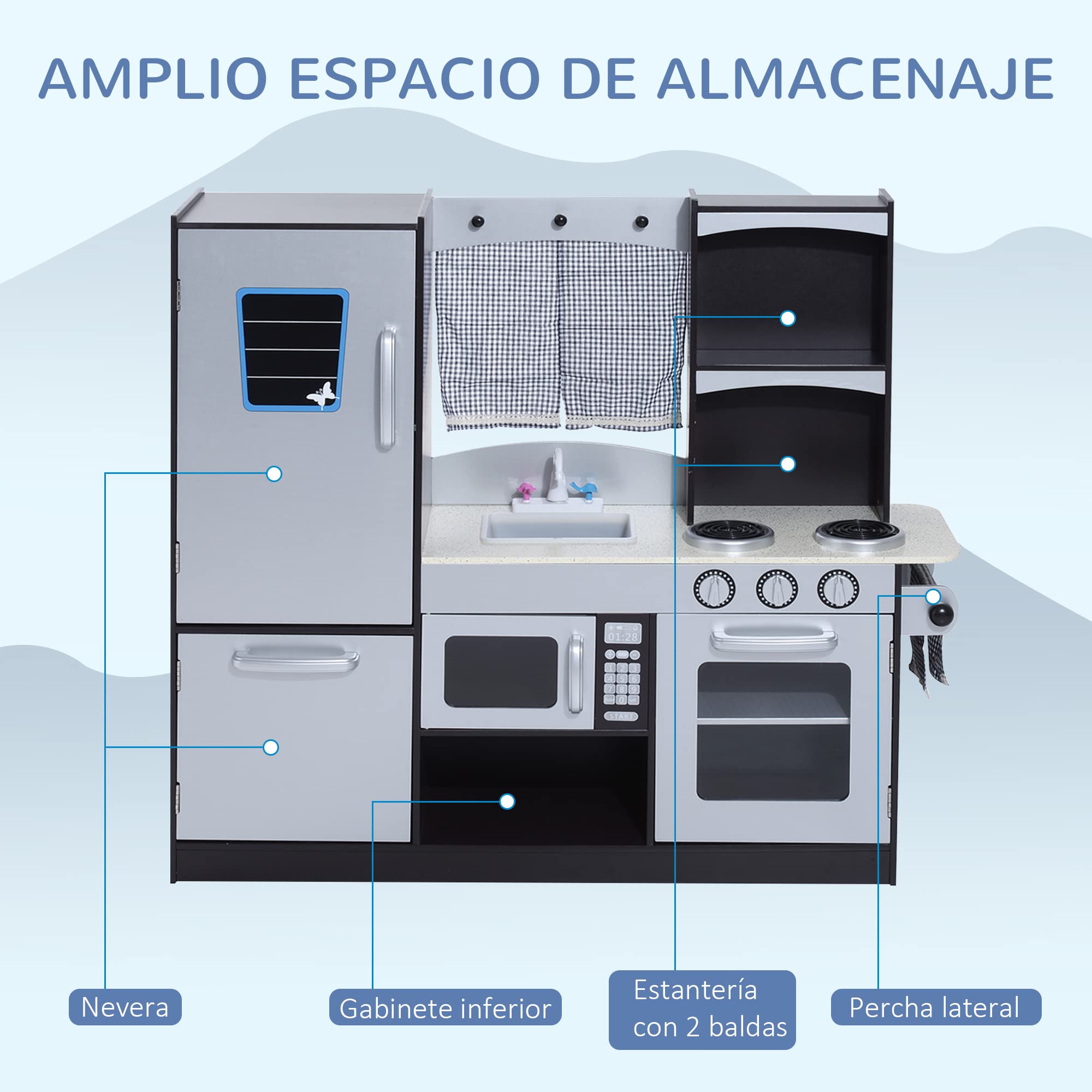 HOMCOM Conina de Juguete con Accesorios 105x31,5x95 cm Plata/Marrón Oscuro | Madera Grande, Niños +3 Años, Cocina Infantil Juguete, Encimera, Juego Imitación, Horno, Microondas, Fregadero