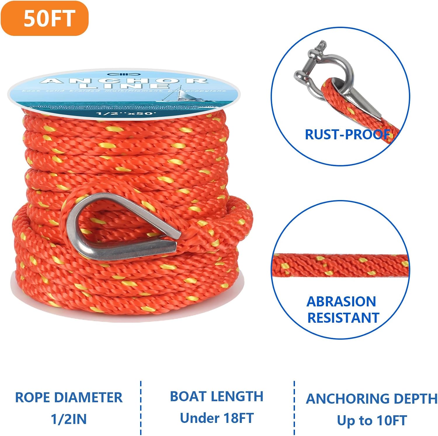Anchor Rope 50 Ft x 1/2 Inch Premium Solid Braid MFP Anchor Line with 316 Stainless Steel Thimble and Heavy Duty Shackle Marine Boat Rope - Orange/Yellow