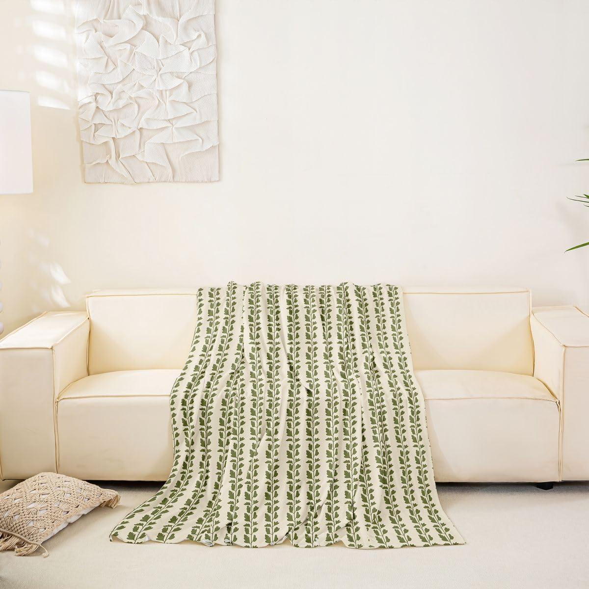 Homewish Boho pokrowiec na kanapę dla zwierząt domowych, botaniczny pokrowiec na kanapę na 2 poduszki, kanapę, sofę, beżowo-zielone, kwiatowe liście, narzuta na sofę, rustykalna narzuta na kanapę, dla