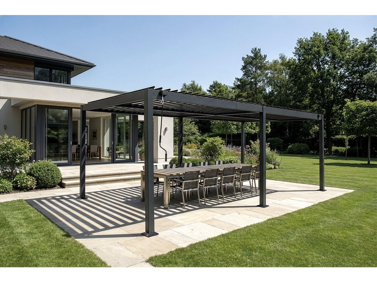 Pergola bioclimatique autoportante en Aluminium Kensington - 3 x 6 m - Gris