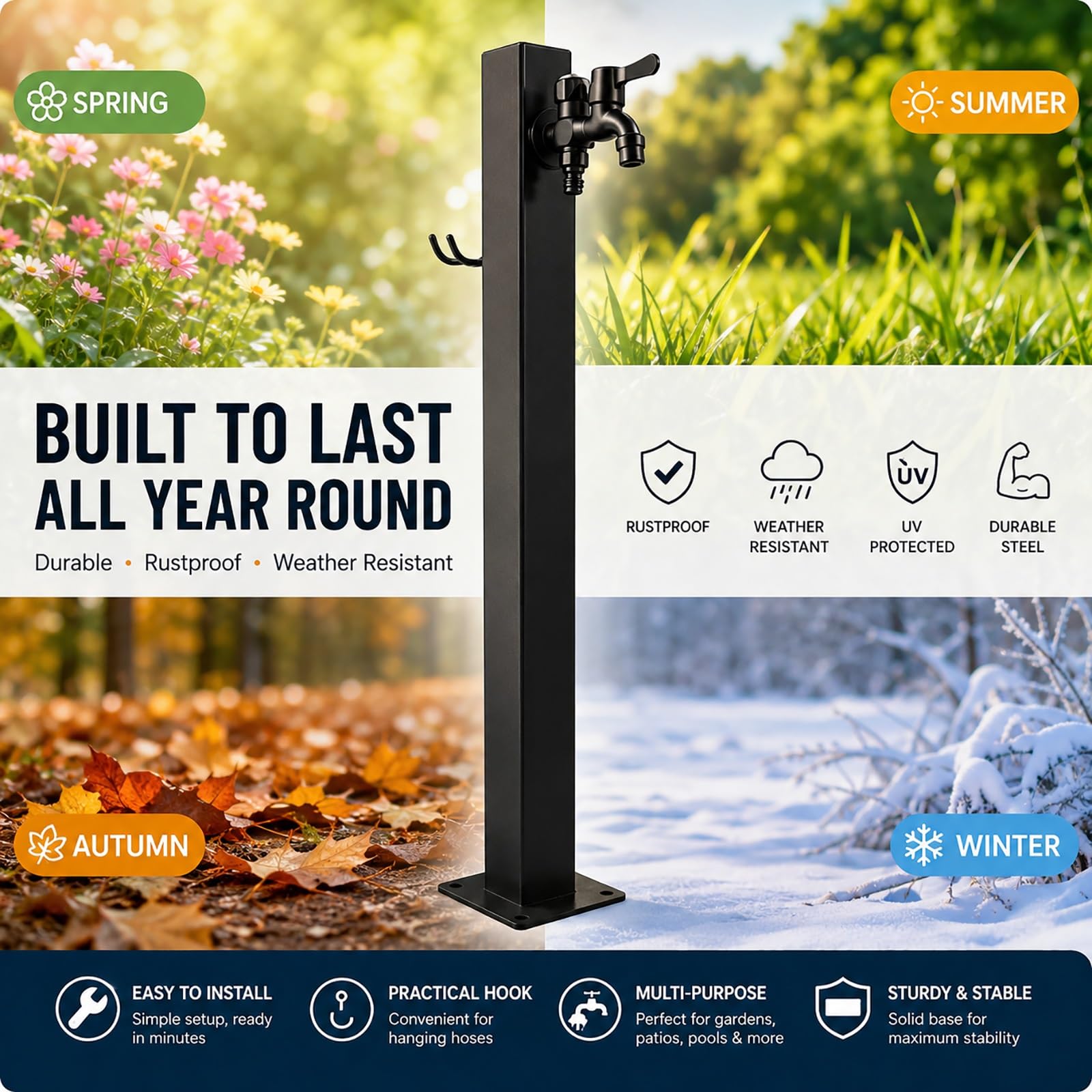 Colonnina Acqua da Giardino con Rubinetti a Doppia Uscita, Fontana da Giardino Esterno con Pistola a Spruzzo e Porta Tubo, Rubinetto Indipendente per Vasca da Giardino