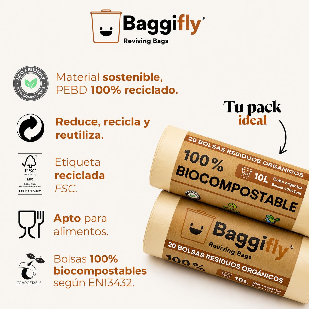 Baggifly, Bolsas de Basura Biodegradables 10L, 400 Bolsas Basura Compostables, ECO Friendly, Cubos Pequeños y Residuos Orgánicos, Pack 20 x 20, Fabricado en España