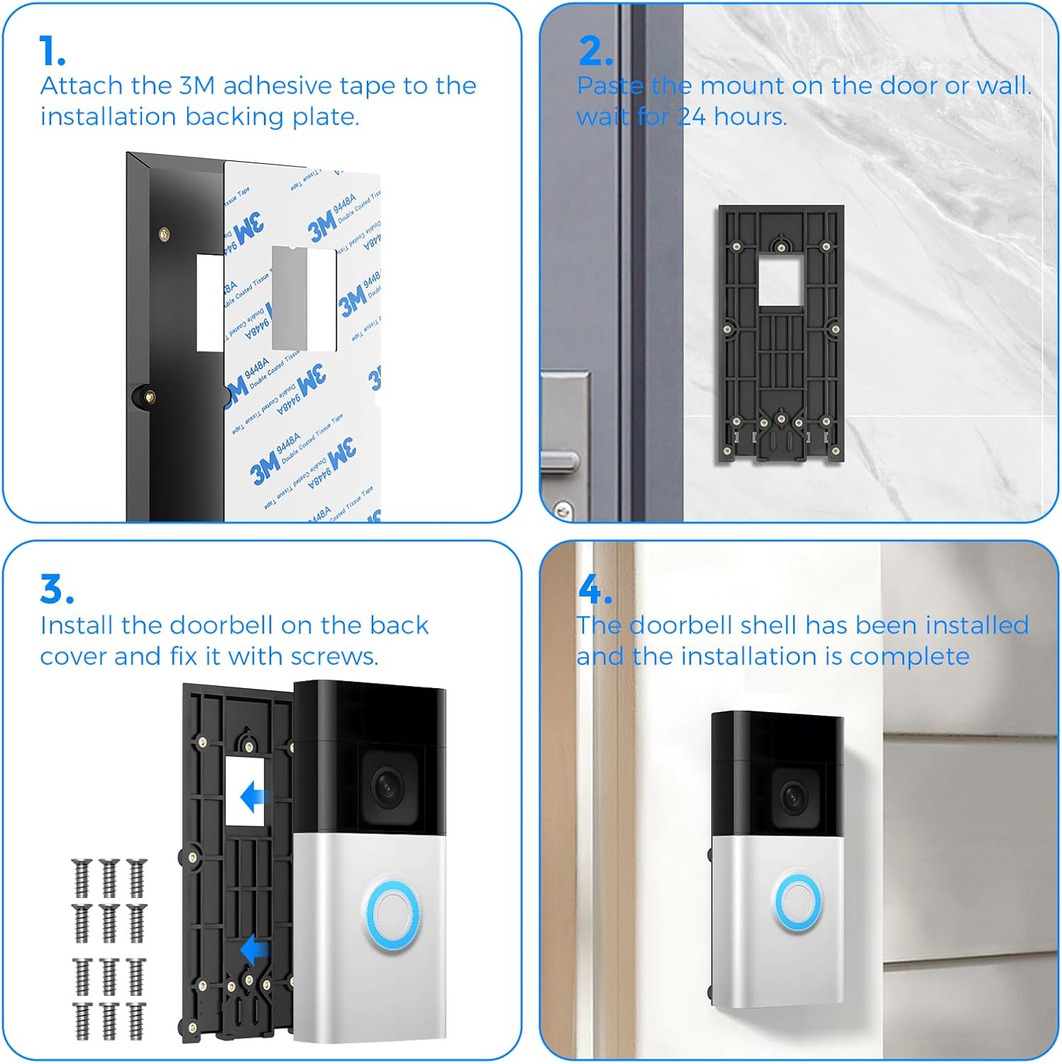 Ring Doorbell Bracket Backplate - No Drill Installation,Strong Adhesive Mount Compatible with Ring Doorbell 2nd Gen,Video Doorbell 3/3 Plus/4,Battery VideoDoorbell,BatteryDoorbell Plus/Pro