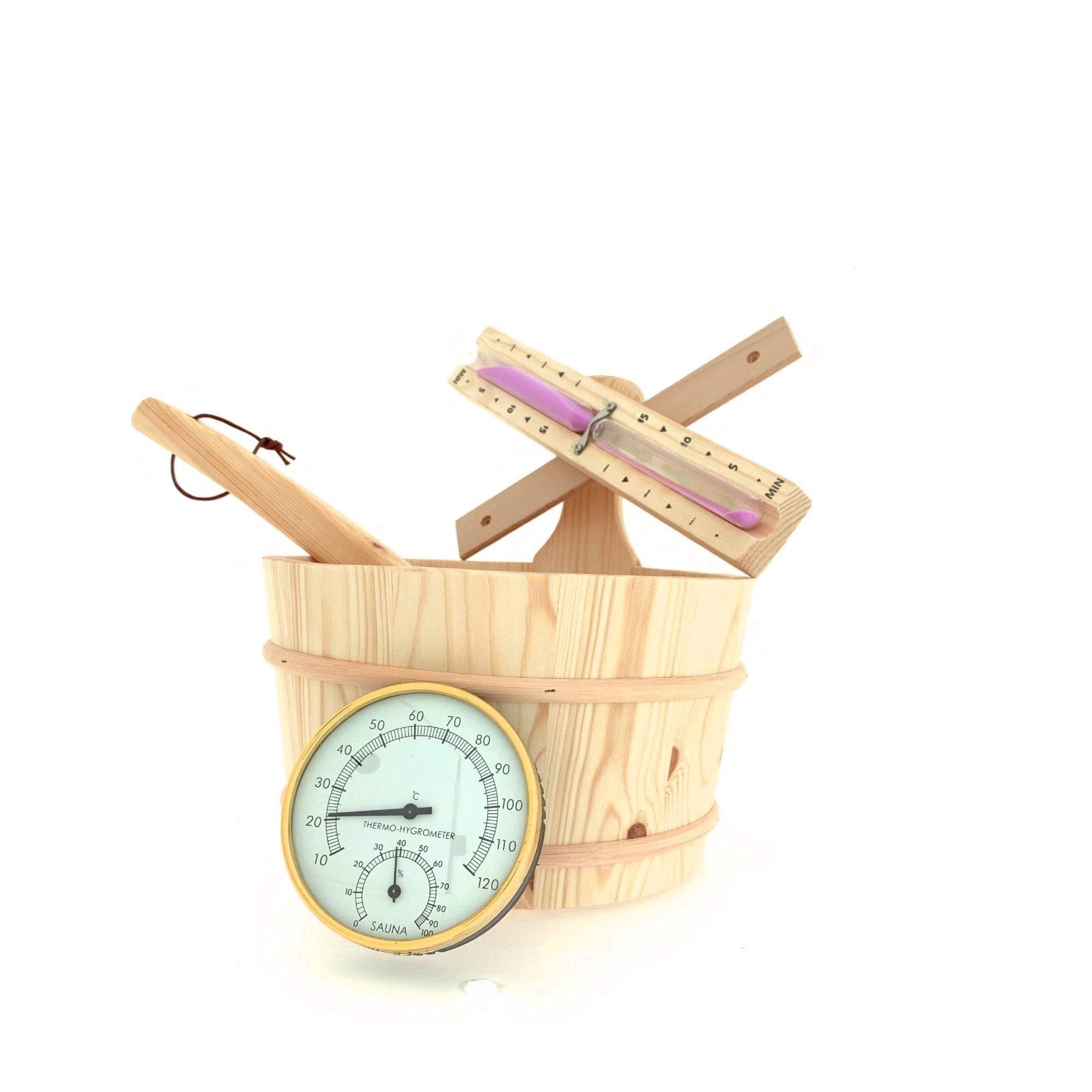 Dewello® Sauna Zubehör Set | Saunathermometer, Hygrometer, Sanduhr, Aufguss Eimer & Saunakelle | Das Saunazubehör für Zuhause