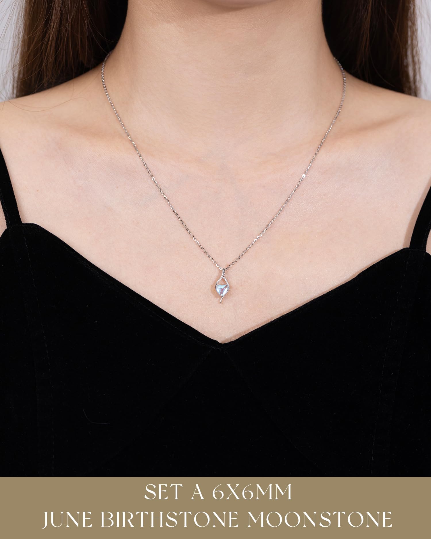 FANCIME 14K Solid White Gold Birthstone Necklace Genuine or Created 6mm Heart Gemstone Pendant with Lab Grow Diamonds Sterling Silver Chain Fine Jewelry Anniversary Birthday Gifts for Women 16" + 2": June-Moonstone