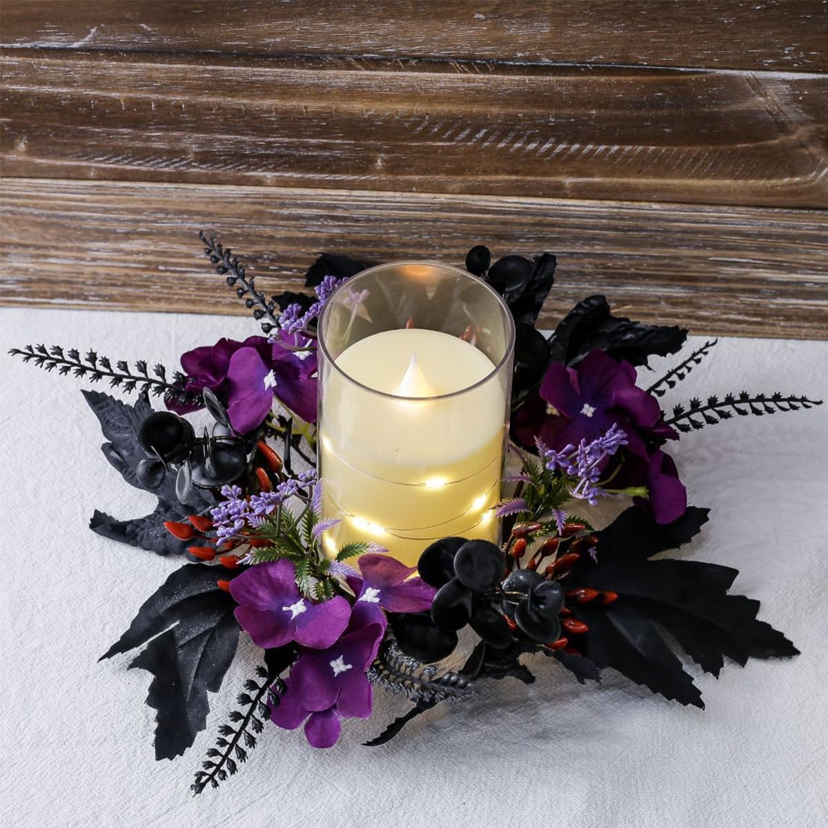 Halloween Candle Ring Wreath 9.84" Artificial Flower Maple Leaf Wreath Black Purple Floral Candle Holder for Tables Centerpieces Home Kitchen Farmhouse Pillar Table Decor