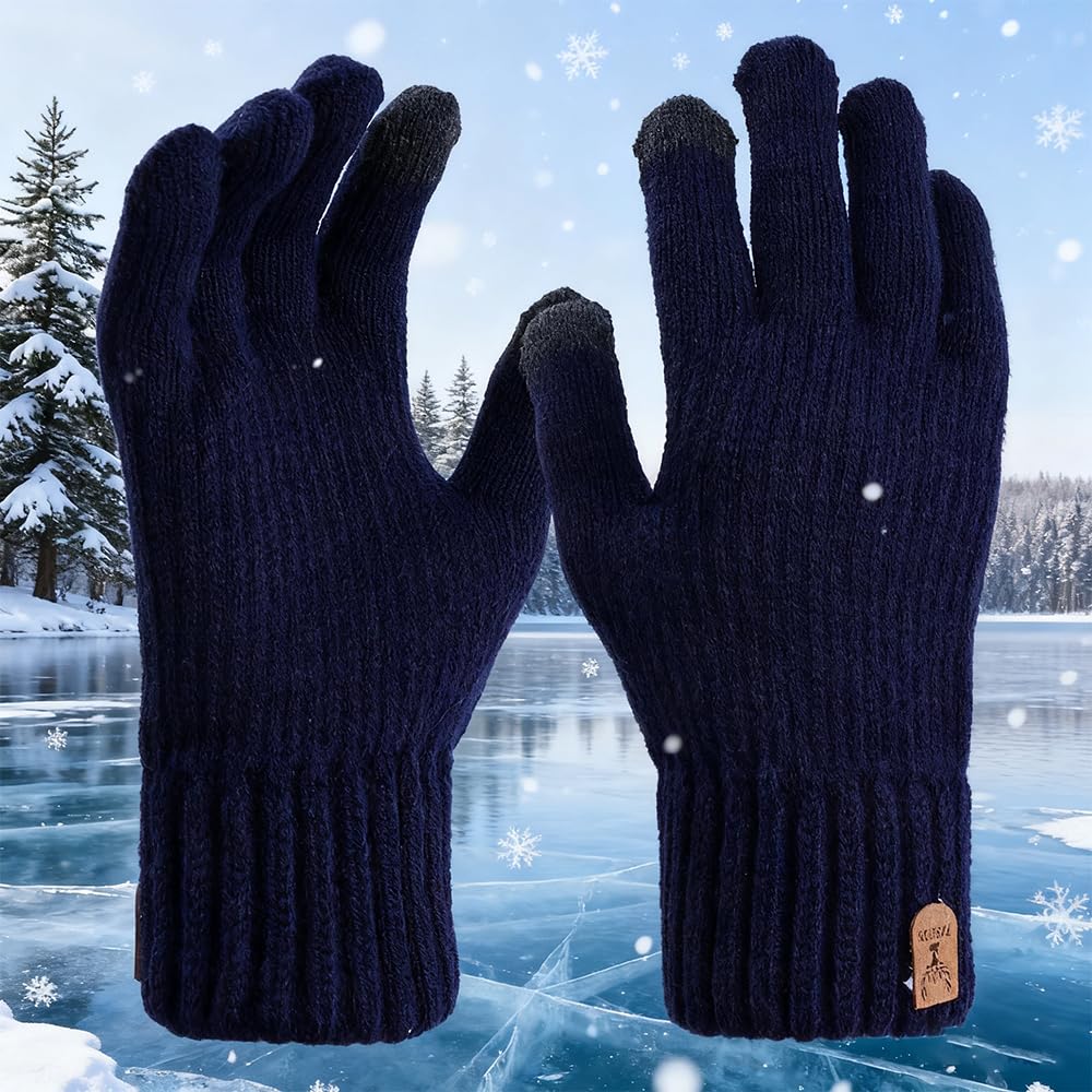Winter Gloves for Men Touchscreen Fleece Wool Warm Thermal Texting Knit Womens Gloves for Cold Weather，black