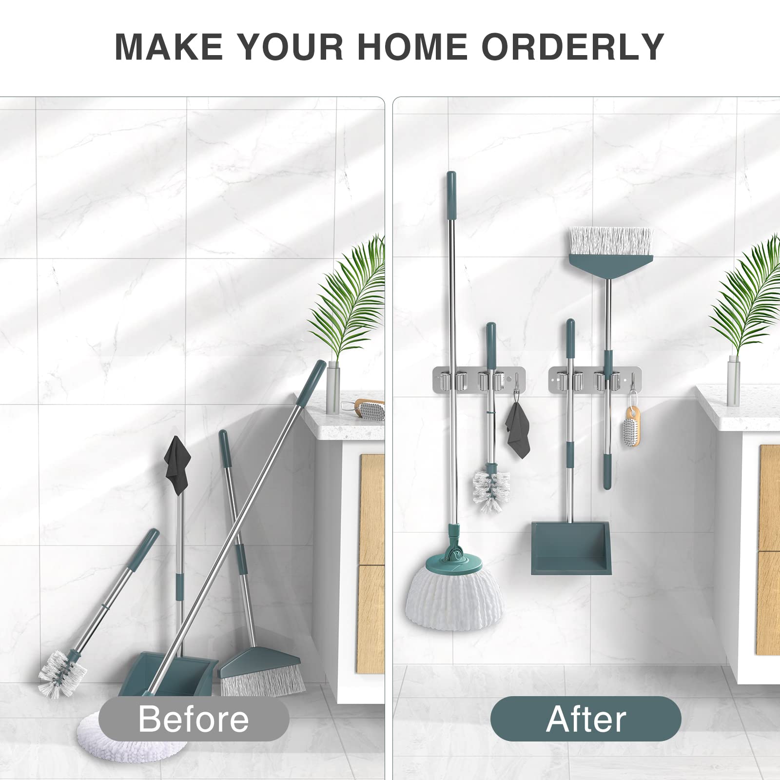 HOMEASY Mop Broom Holder Wall Mounted SUS304 Stainless Steel - Image 3