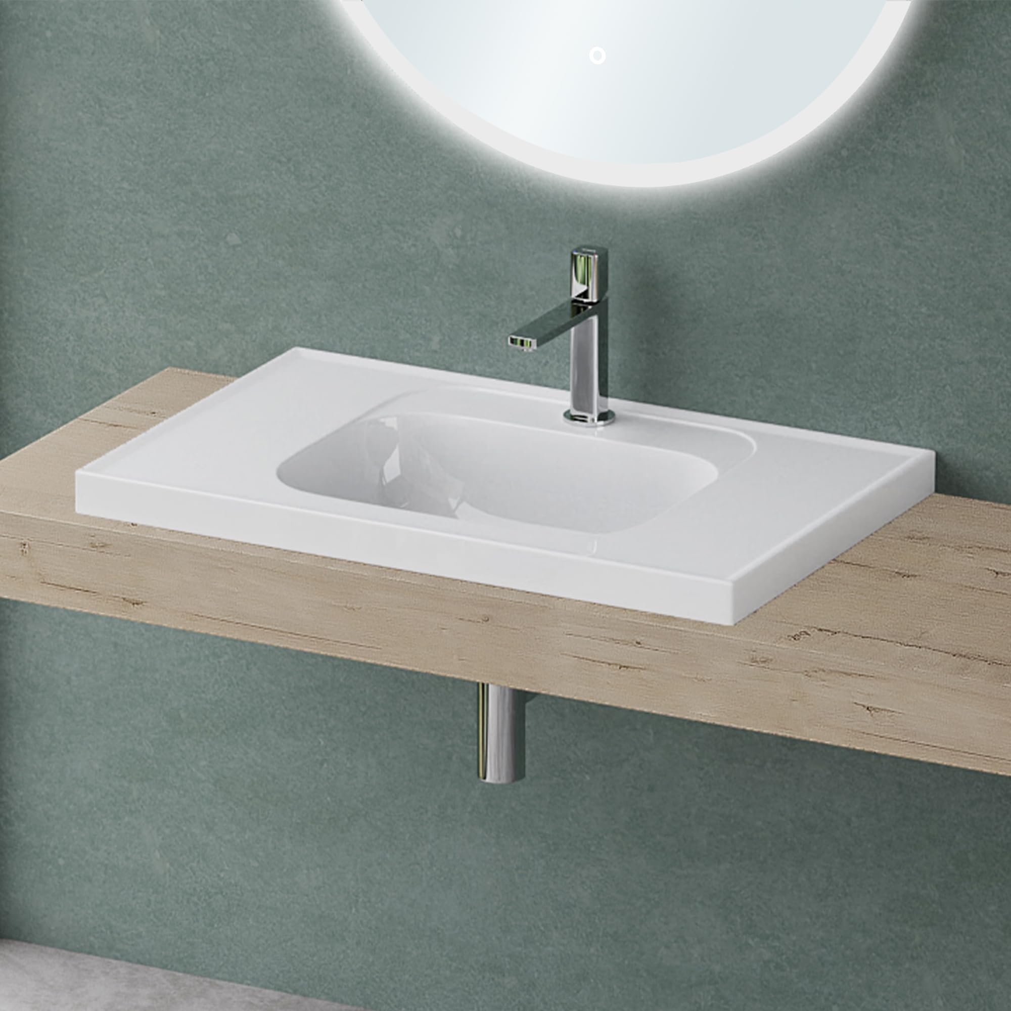 Mai & Mai Lavabo Encastrado Rectangular de Baño, Mármol Fundido, Blanco Brillante, 80x50x16,5 cm, con Orificio para Grifo y Desagüe DIN – Colossum3601