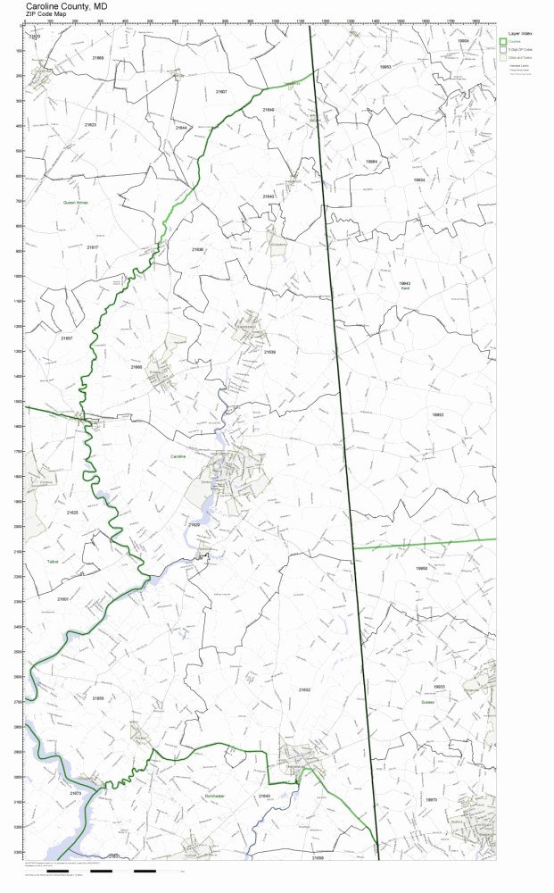 Caroline County, Maryland MD ZIP Code Map Not Laminated