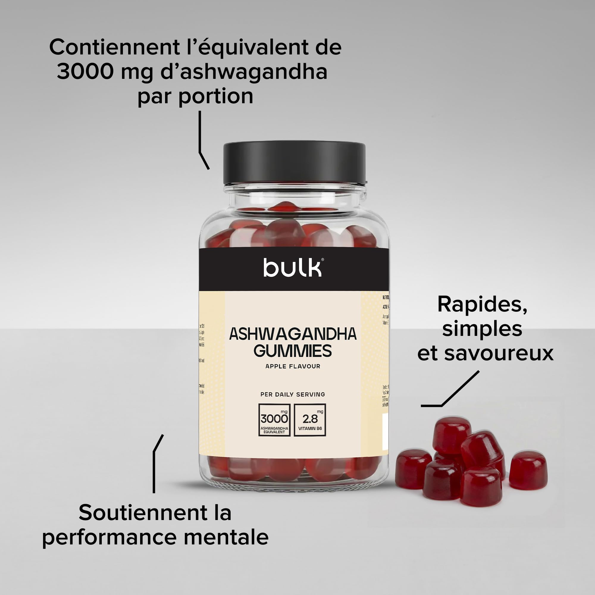 Bulk Gummies d’ashwagandha, 3000mg, Pomme, 60 Gummies