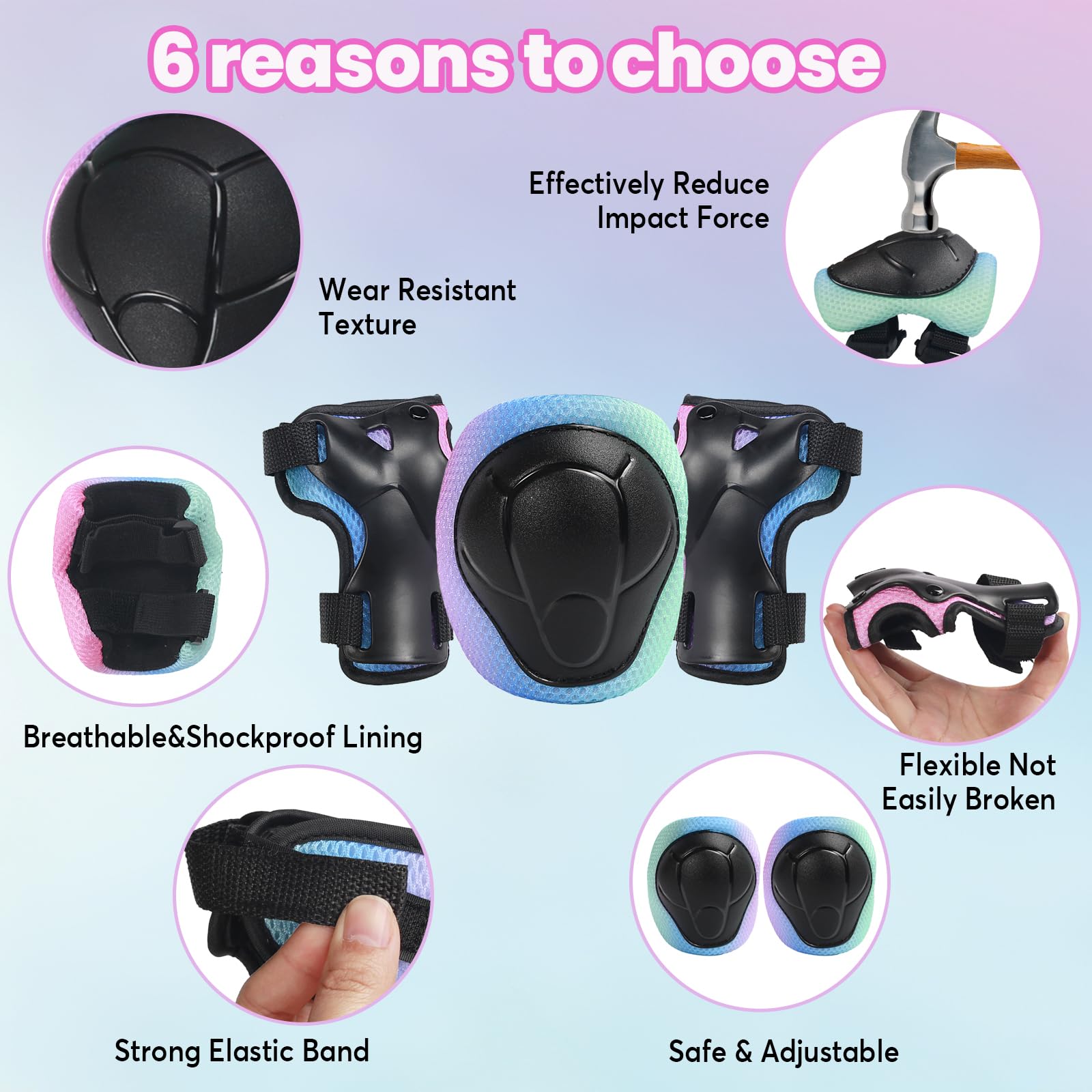 LANOVAGEAR Kask dziecięcy z ochraniaczami na kolana, ochraniacze na łokcie, nadgarstki, zestaw ochraniaczy, kask dziecięcy 7 w 1, do jazdy na deskorolce, rowerze, skuterze, deskorolce, deskorolce