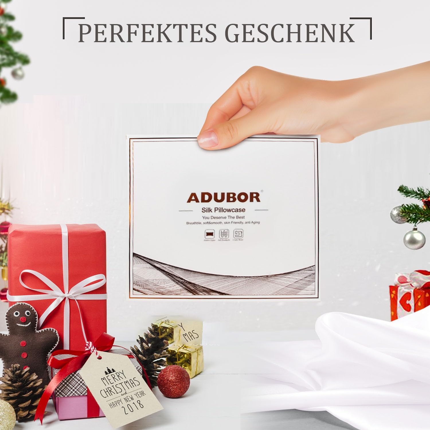 Adubor 100% Seidenkissenbezug 40x80cm für Haar und Haut, mit verstecktem Reißverschluss, beide Seiten, 23 Momme Seide, Fadenzahl 900 (reines Weiß, 2 Stück)