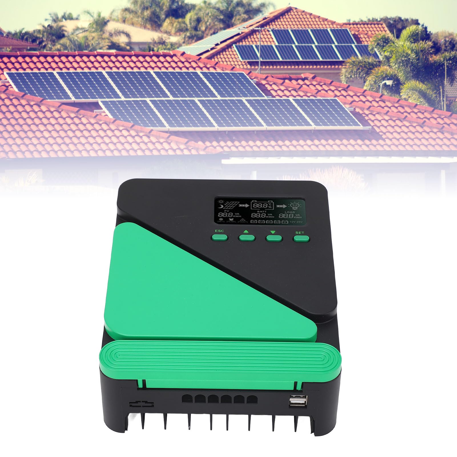 Ejoyous Regolatore di Carica Solare MPPT, Regolatore di Carica Pannello Solare ABS 12V 24V Automatico con Display LCD Retroilluminato, Doppia USB 5V 3A, Ingresso VOC 100V per Sistemi Solari Esterni