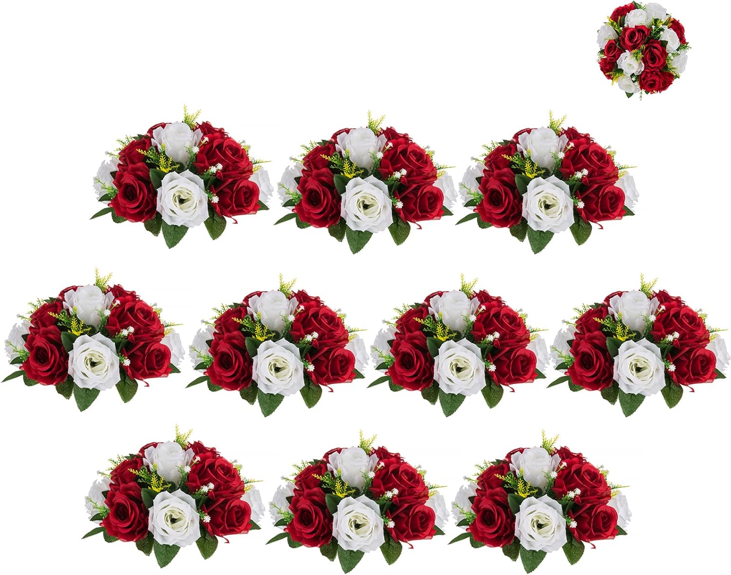 BLOSMON Flower Balls Wedding Rose Centerpieces 10 Pcs Crimson&White Fake Flowers