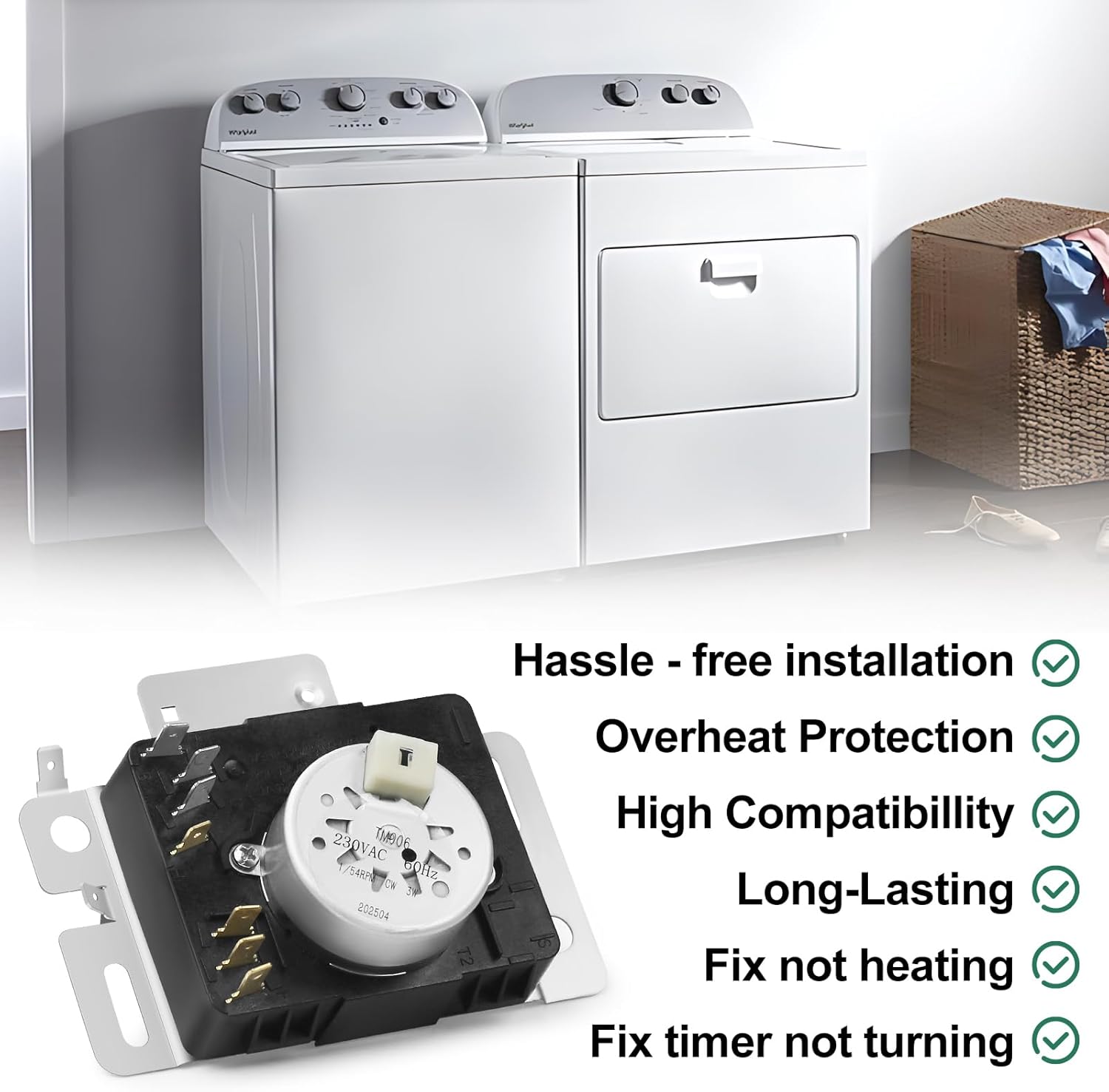 W10745655 Dryer Timer Compatible With Whirlpool, M-aytag, Amana, 230VAC 60Hz Timer Control, NED4655EW1 Replacement For W10857612, AP6003908, 4454384, PS11731366, W10745655