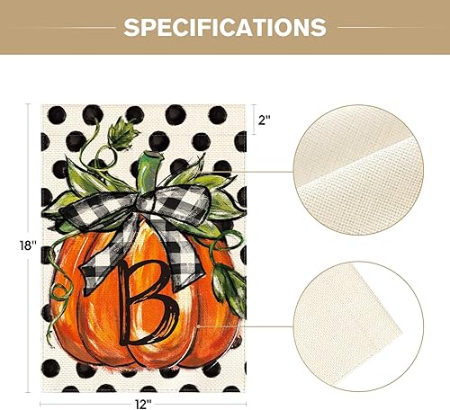 Miniatura 5 de AVOIN colorlife Bandera de jardín con monograma de otoño con letra B, diseño de calabaza, con diseño de lunares, 12 x 18 pulgadas, doble cara en el
