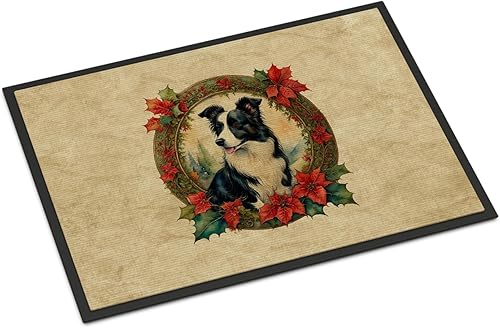 Caroline's Treasures DAC2324MAT Border Collie Christmas Flowers Doormat Front Door Mat Indoor Outdoor Rugs for Entryway, Non Slip Washable Low Pile,