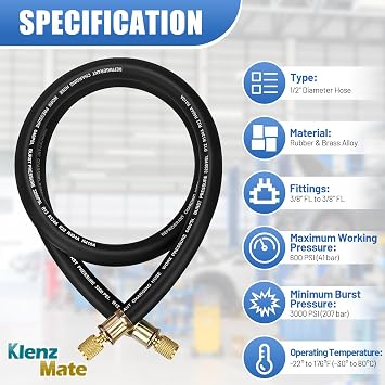 Upgrade 1/2 HVAC Vacuum Hose, 3/8 to 3/8 Fittings, 5 FT, High-Flow Refrigerant Hose, Faster HVAC Evacuation and Recovery, 20 Microns Vacuum, 600 PSI Working Pressure, Black