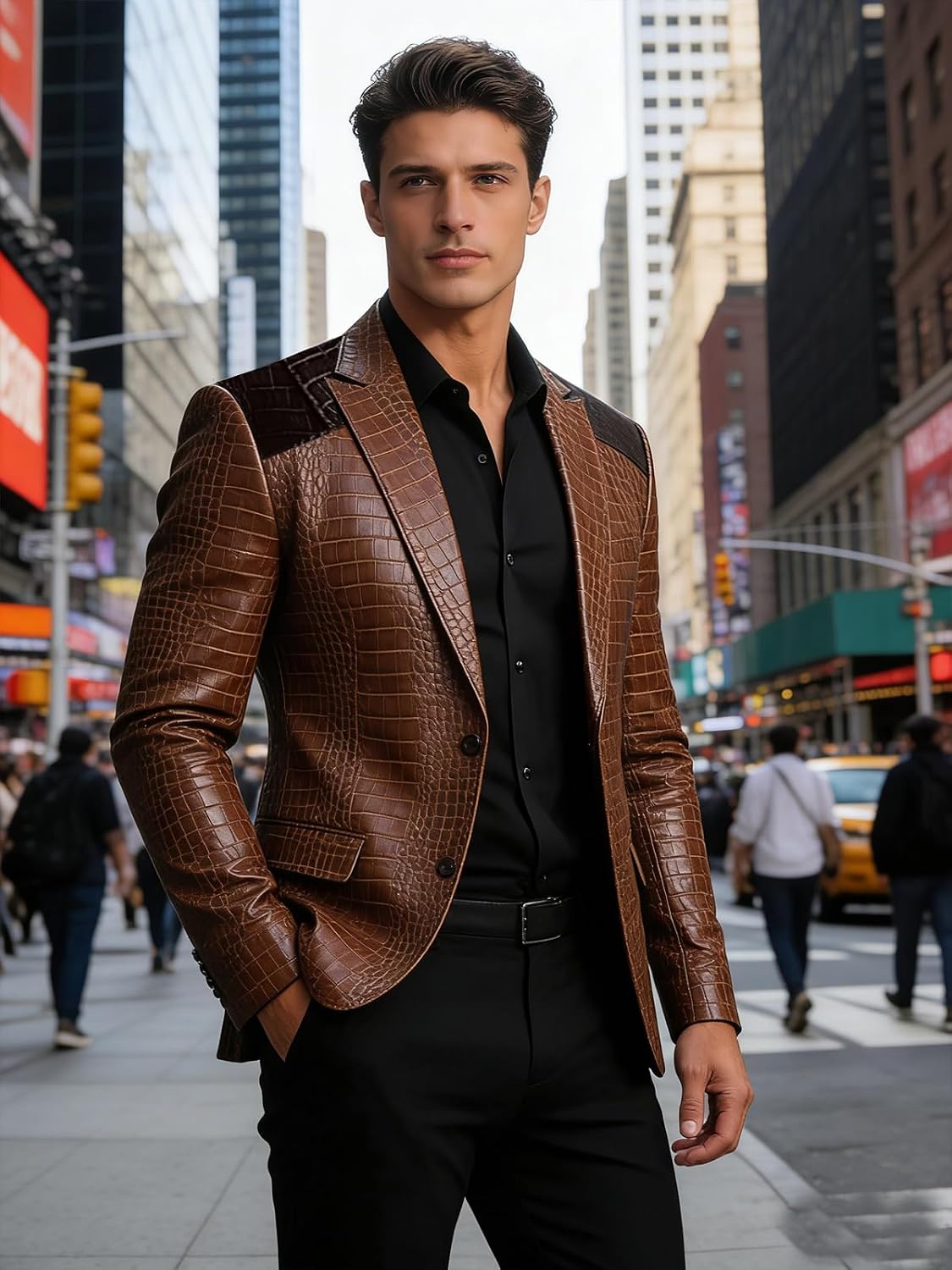 Men's Faux Leather Blazer Crocodile Embossed Jacket Genuine Alligator Crocodile Print Leather Sports Coat
