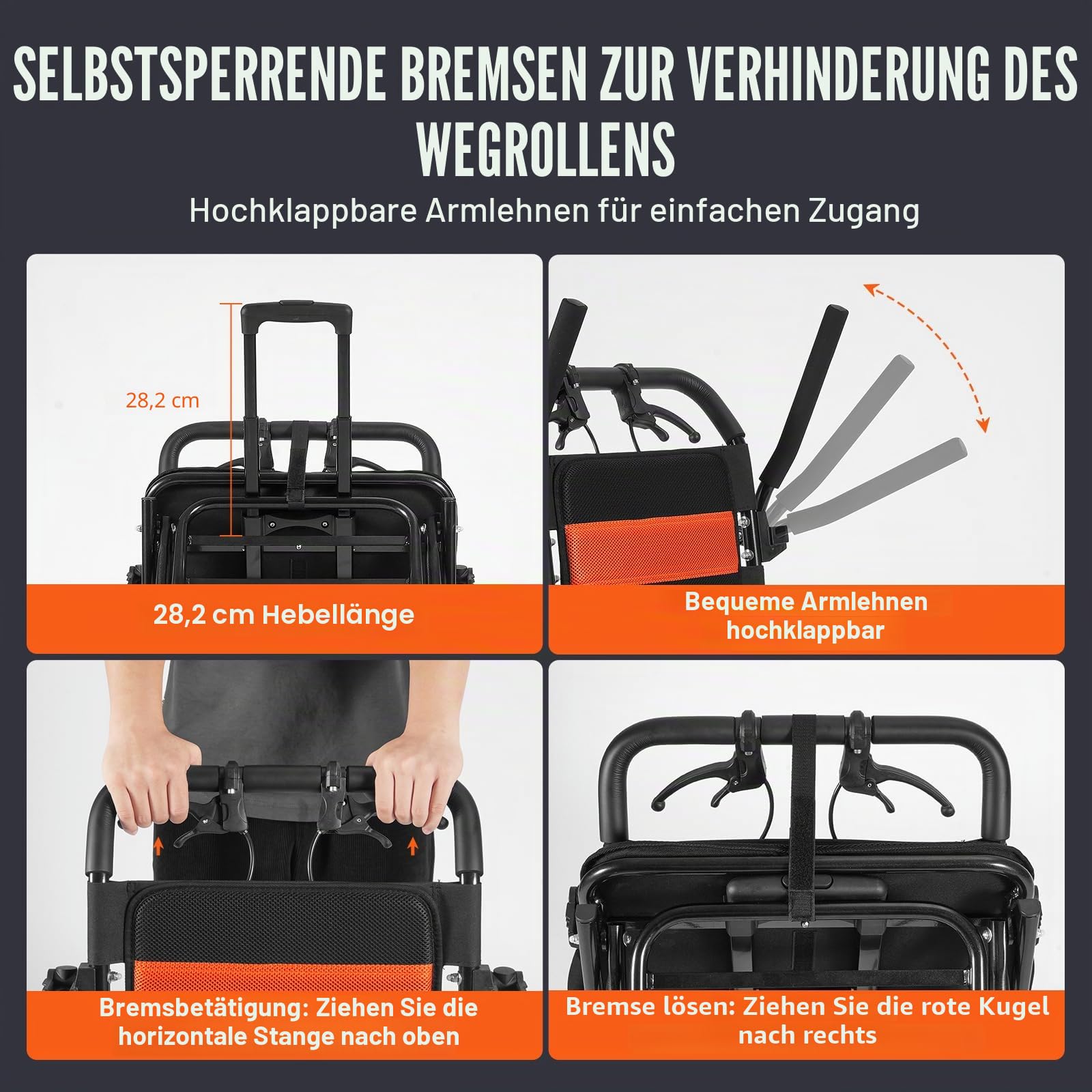 VEVOR Rollstuhl, Aluminiumlegierung, ultraleichter Transportstuhl für Erwachsene, faltbarer Rollstuhl mit klappbaren Schreibtisch-langen Armen, selbstsichernde Bremse, 45,7 cm breiter Sitz, 100 kg
