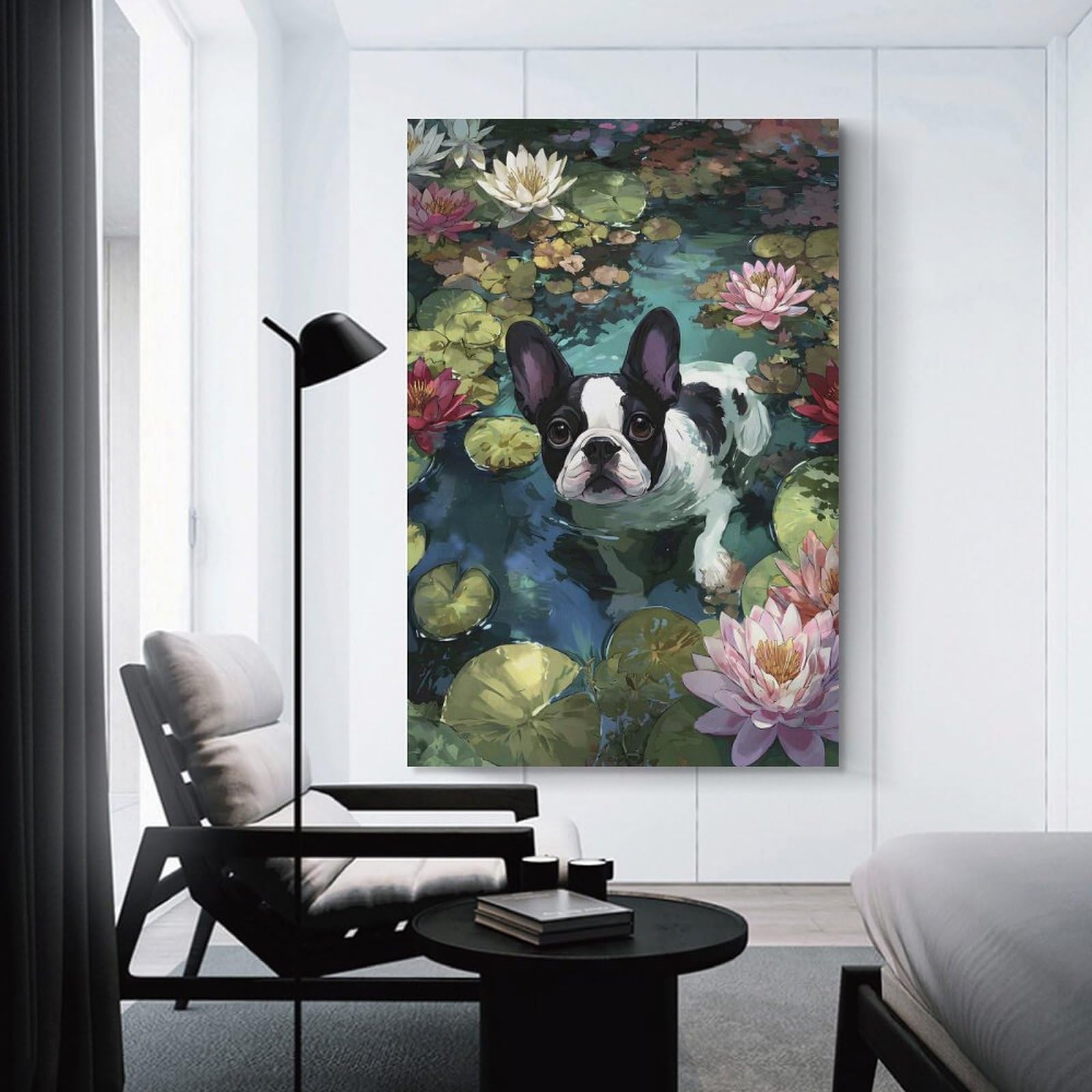 Junmoney Hanging Wall Art Dog in Lily Pond Painting, 08x12inch(20x30cm), for Living Room, Bedroom Or Apartment Walls, Decorative Artwork for Empty Walls