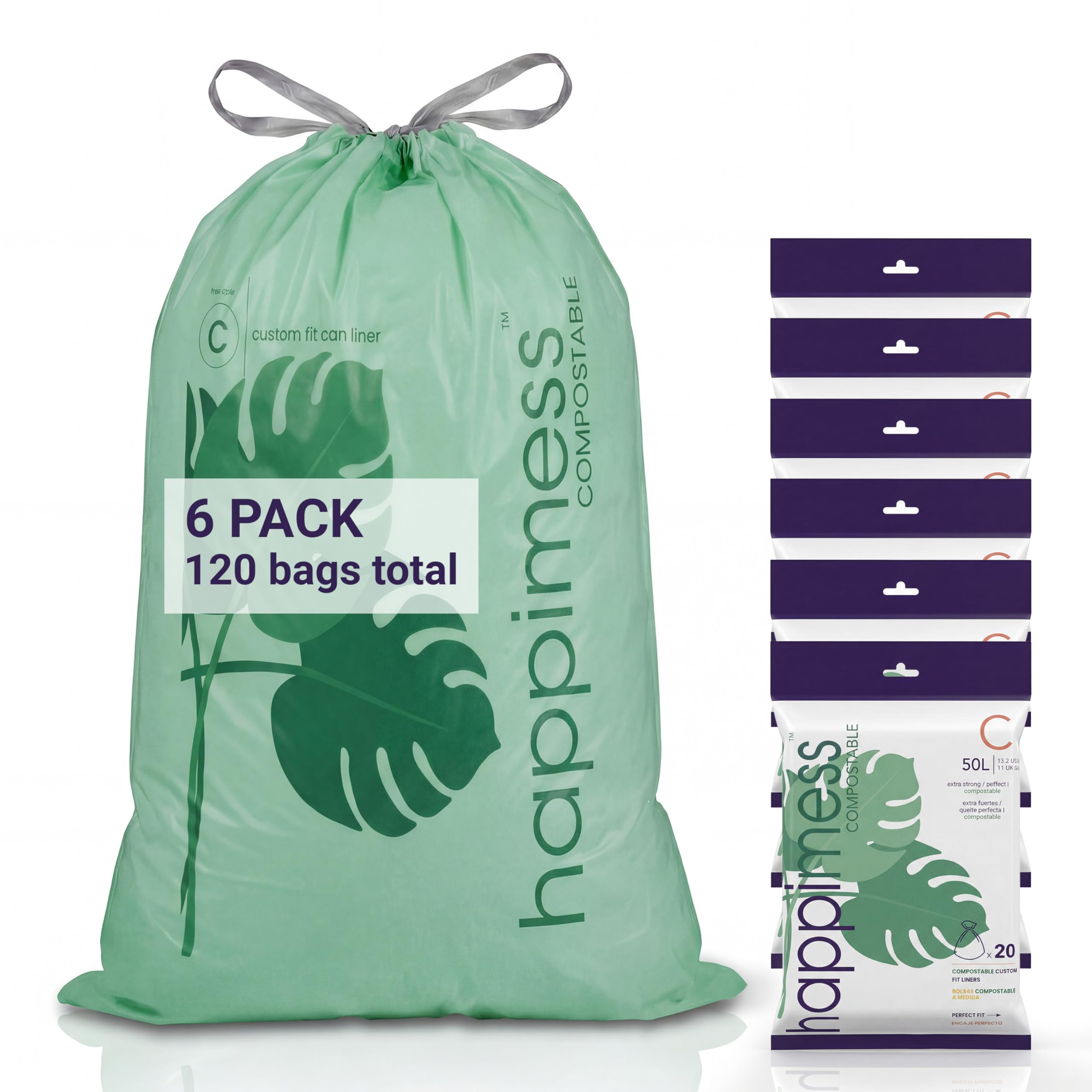 happimess Bolsas de basura con cordón de 13.2 galones, sin perfume, verdes, forros para cocina y hogar, ajuste personalizado, 120 unidades (6 paquetes de 20 forros) HPM3000C-G-6SET