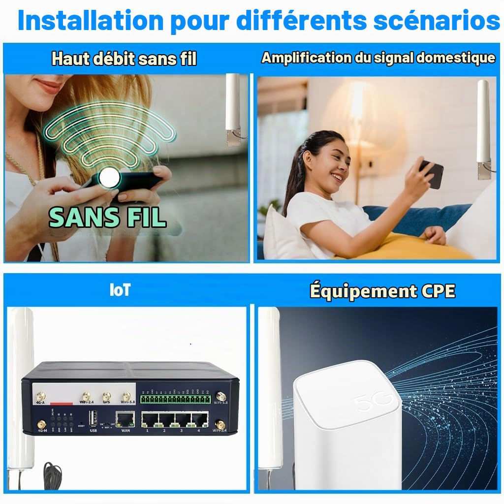 Maswell Antenne Externe 4G 5G, 2X2 MIMO 700-6000MHz, jusqu'à 4,5 dBi LTE 5G NR 5GA, Antenne Externe avec Connecteur SMA et Adaptateurs TS9 RP-SMA