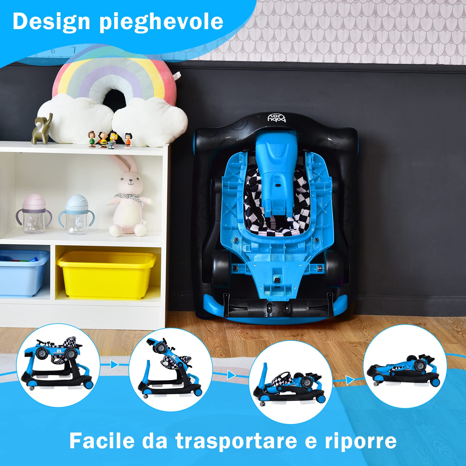 RELAX4LIFE Girello per Bambini 6-18 Mesi, Baby Walker 4 in 1 Trasformabile, Carrello Primi Passi e Macchinina a Spinta con Luci e Suoni, Altezza Regolabile, Pieghevole (BLU)