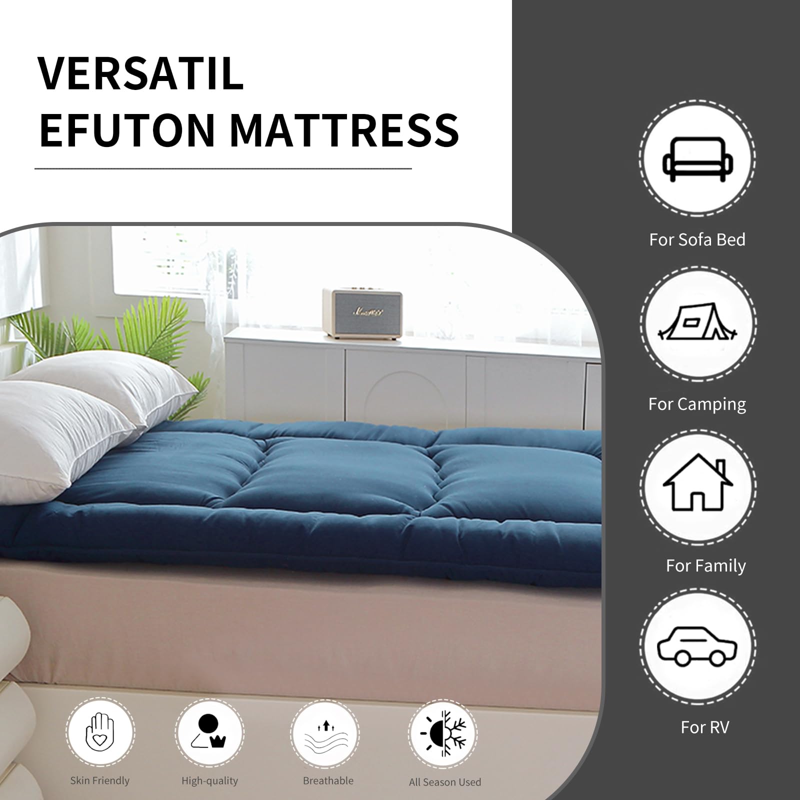 Futon-Matratze, japanische Bodenmatratze, Japanisches Bodenbett, faltbares Tatami-Bett, aufrollbare Schlafunterlage für Gästeraum, Schlafzimmer (Marineblau, Full-Matratze(137 * 203CM))