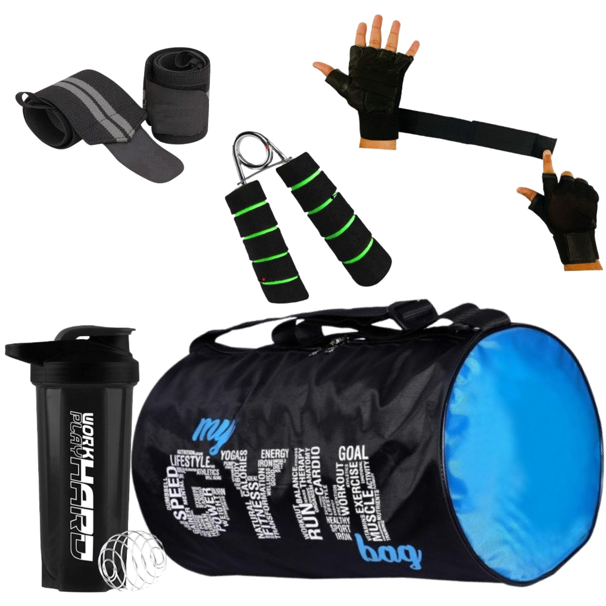 (pack of 4) my gym bag combo for men,700ml shaker bottle | gym gloves l gym kit for men and women gym bag & fitness kit & premium gym kit for men & women | durable fitness combo (green)