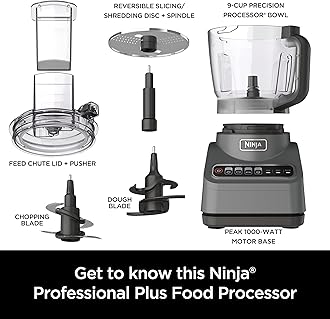 Ninja Food Processor, Professional Plus, 1000 Peak Watts, 4 Functions for Chopping, Slicing, Purees & Dough with 9-Cup Processor Bowl, 3 Blades, Food Chute & Pusher, Silver, BN601