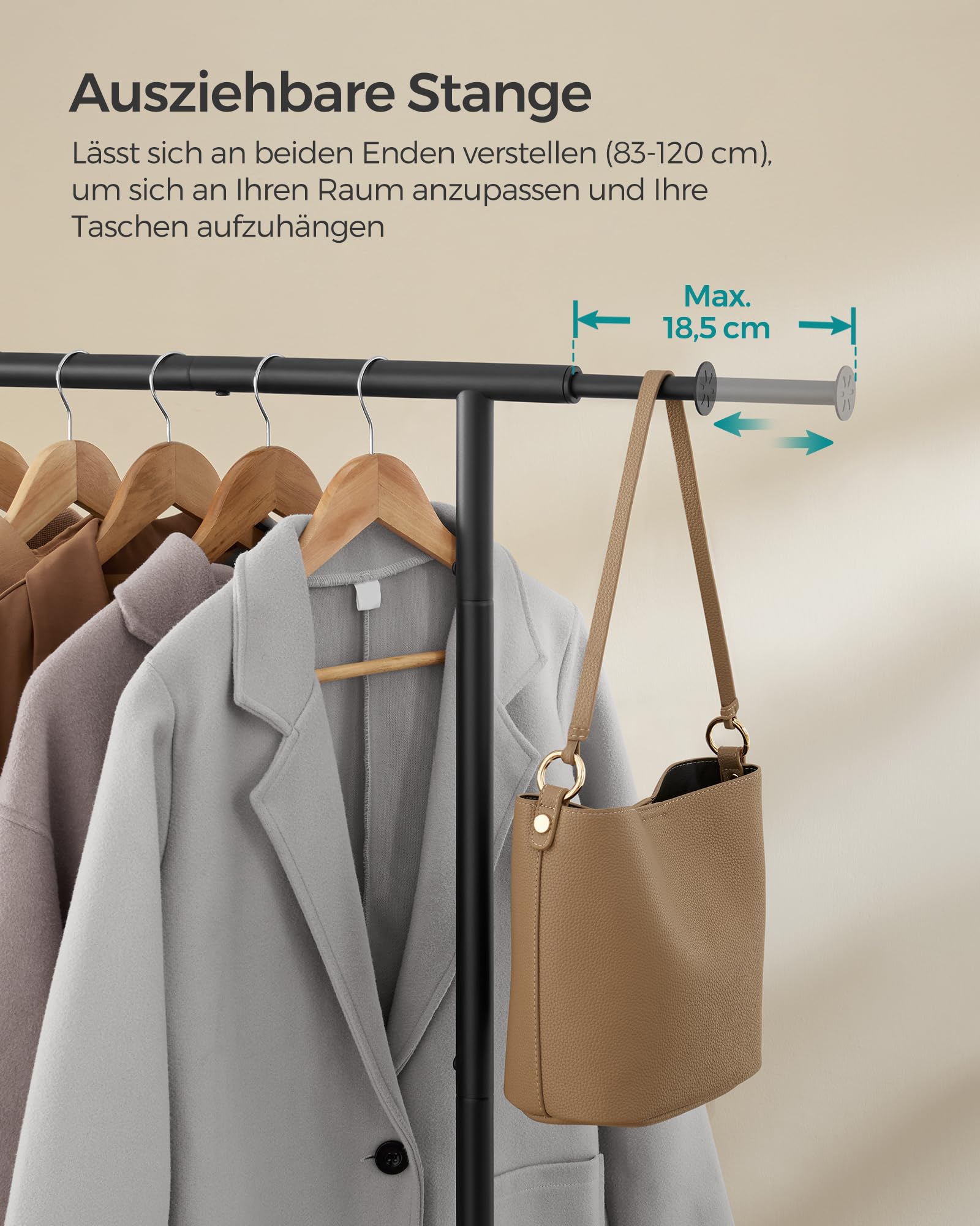 SONGMICS Kleiderständer auf Rollen, ausziehbare Kleiderstange, Garderobenständer aus Stahlrohren, erhöhte Ablagestange, 40 x (83-120) x 156 cm, tintenschwarz HSR134B01