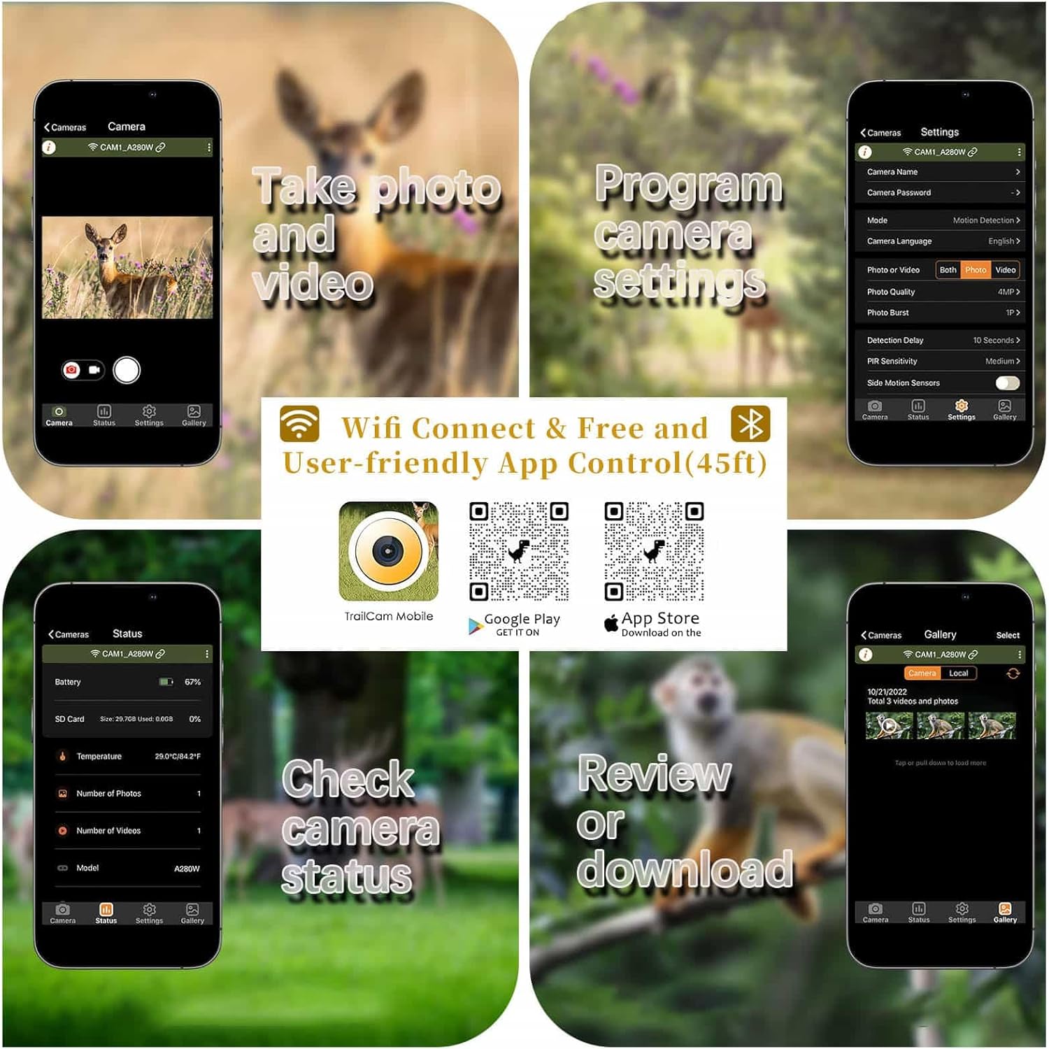 Trail Camera with 0.1s Trigger Speed, 64MP 1296P WiFi Security Camera,No Glow Night Vision Motion Activated IP66 Waterproof Wireless Game Cam with App for Wildlife Hunting, Yard Security