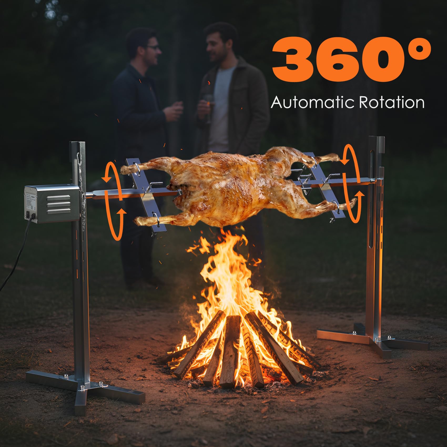 Spanferkelgrill mit Motor 60kg Belastbarkeit, Elektrischer Grillspieß Edelstahl mit 5-Stufig Höhenverstellbar, Spießbratengrill für Lamm, Schwein & Outdoor BBQ Gartenparty