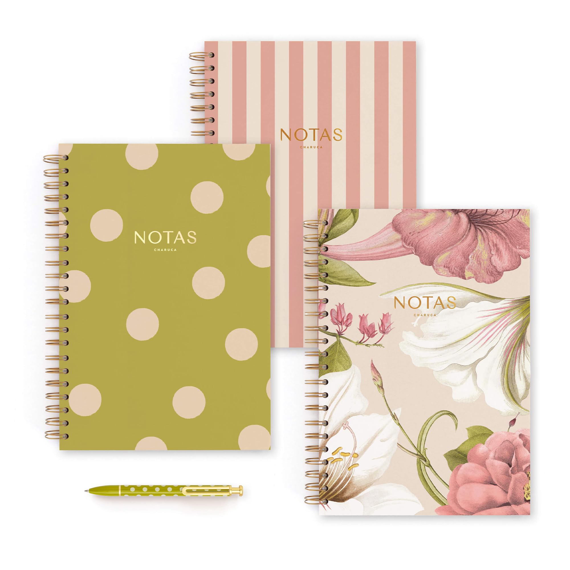 CHARUCA - Pack de 3 Cuadernos A4 con Portadas a Elegir - Interior de puntos • detalles en dorado • Incluye REGALO Bolígrafo de Diseño • Ideal para Proyectos y Organización Personal - Certificado FSC