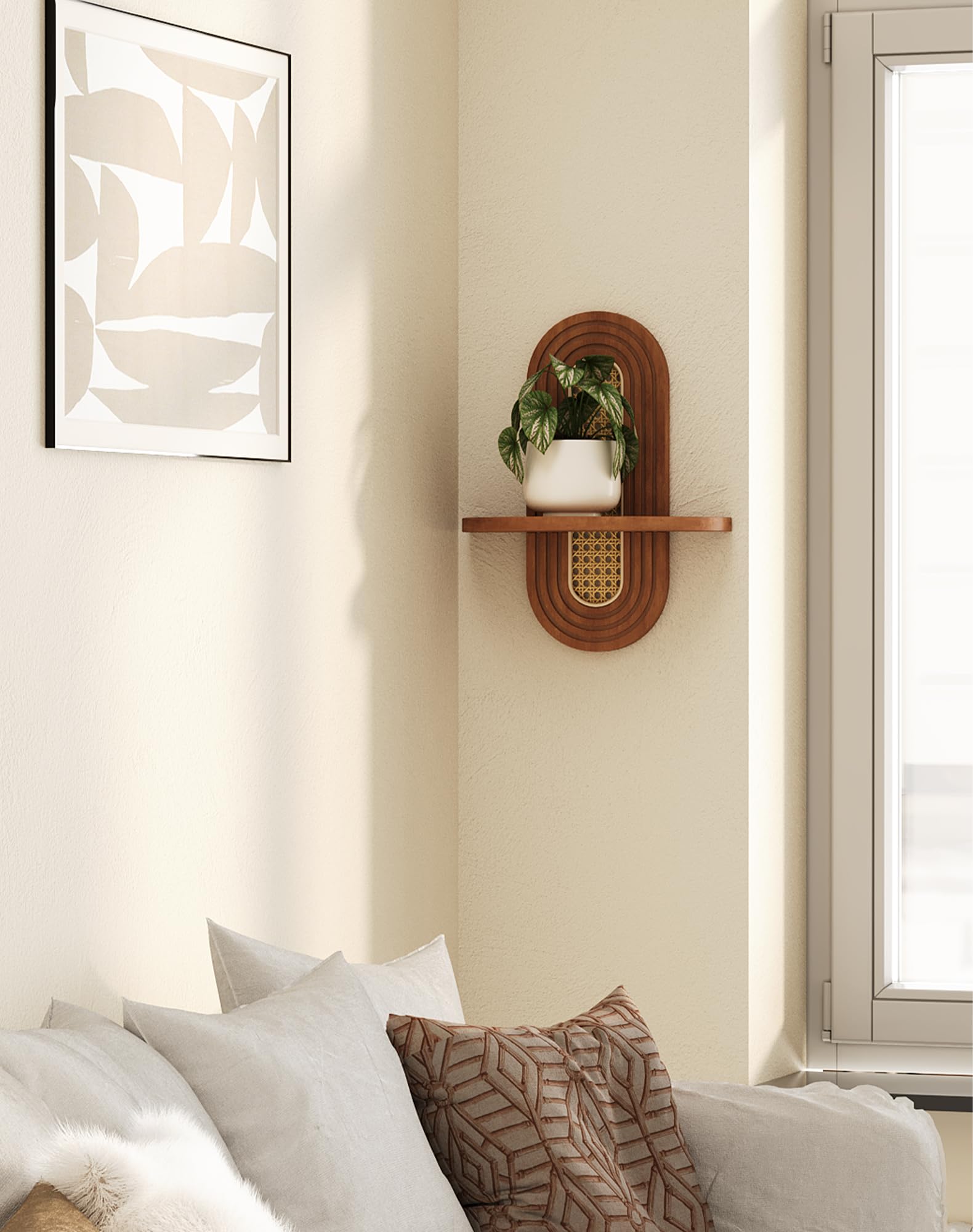 Boho Floating Shelves - Rattan & Wood Decor -4