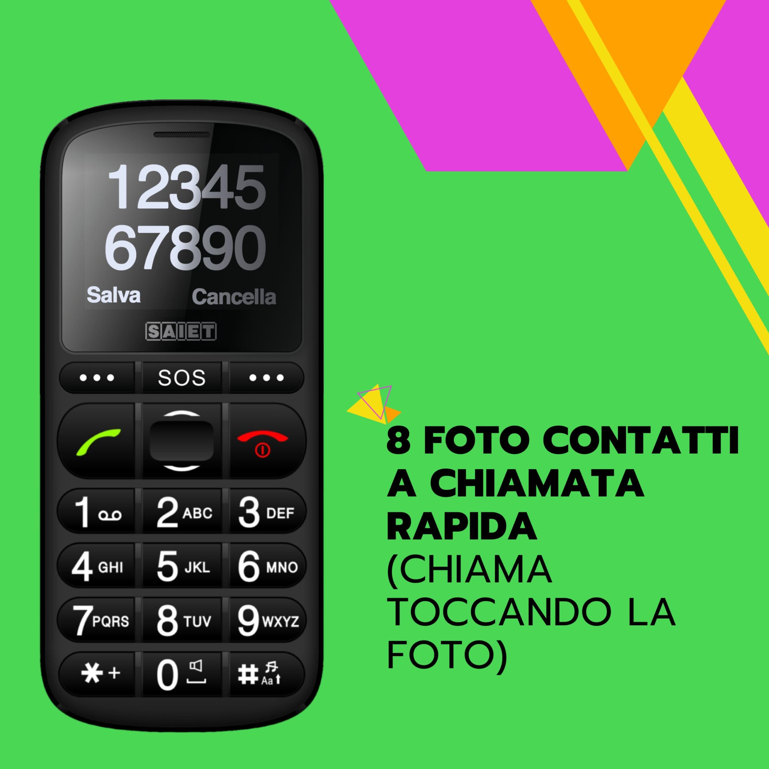 SAIET - Cellulare per Senior Facile da Usare PRONTO MAX - Telefono con Tasti Parlanti e Caratteri Grandi - Ideale per Anziani - Nero