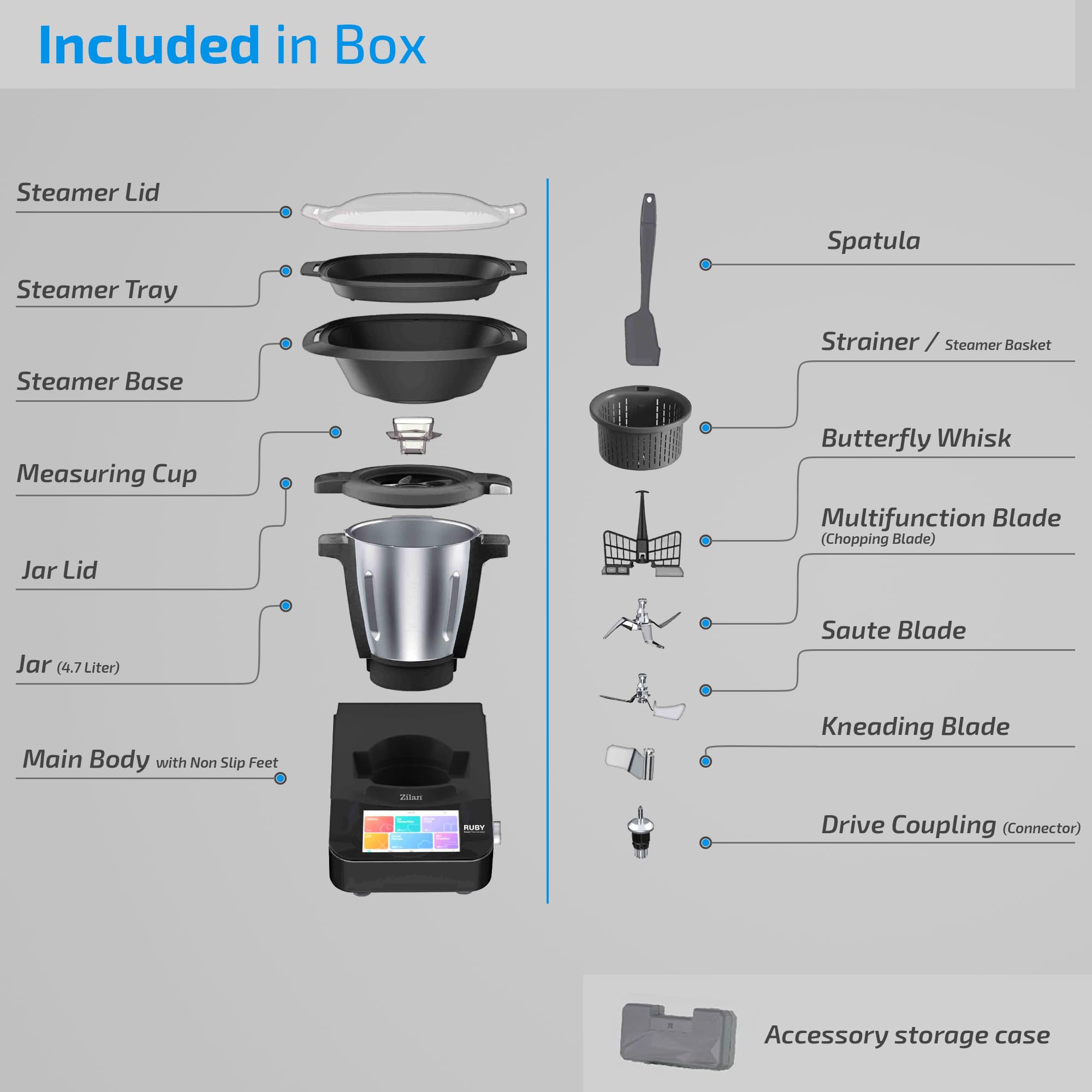Zilan RUBY Thermorobot, Robot de Cocina Multifunción Wi-Fi, 18 Funciones, pantalla táctil TFT a color de 7", Báscula integradar, control mediante aplicación, 4,7 L,1700W