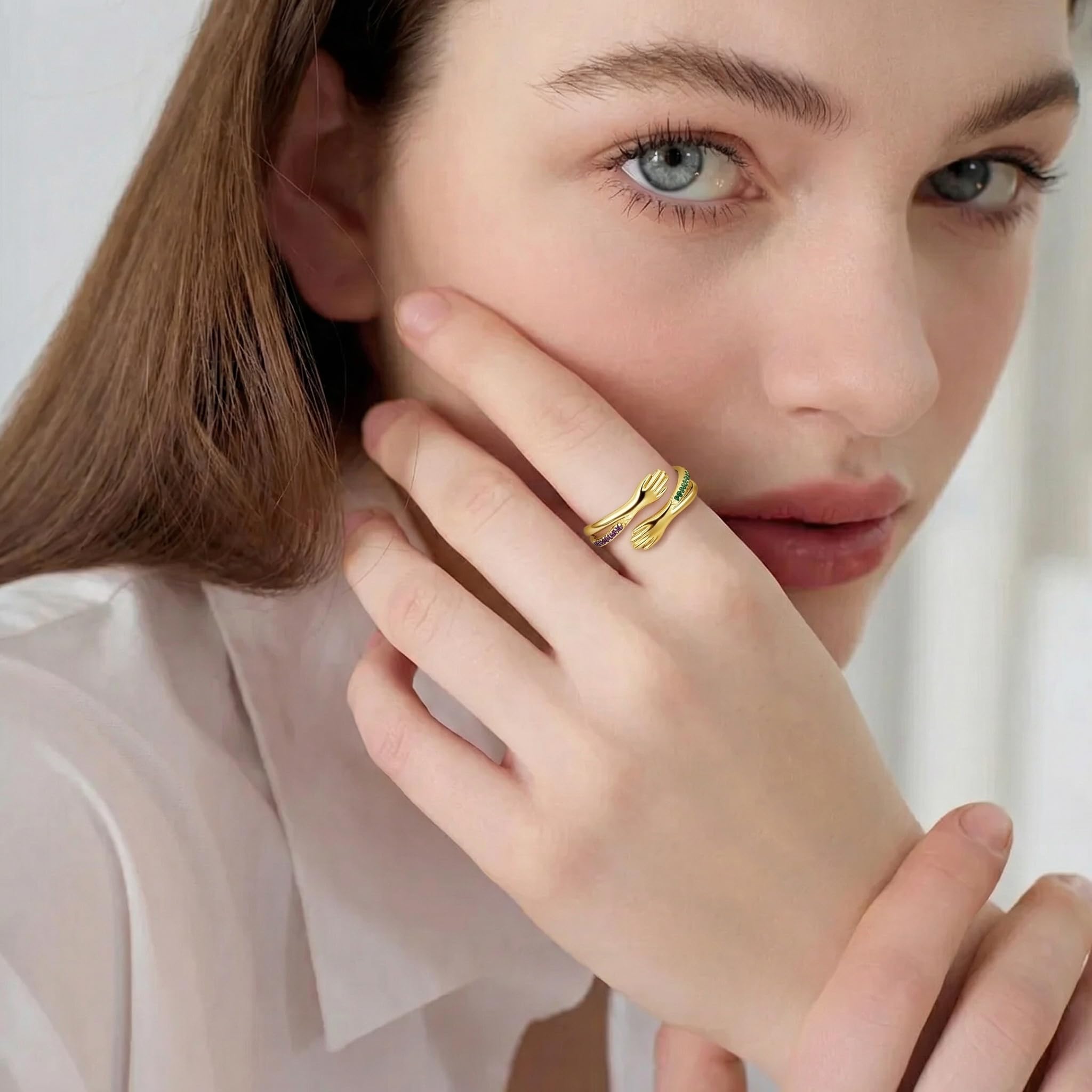 925 Sterlingsilber 10K 14K 18K Echtgold Umarmungsringe für Damen Personalisiert Geburtsstein Inspirierend Ermutigend Umarmende Hände Offener Ring für Damen Herren Personalisierter Schmuck Muttertagsge