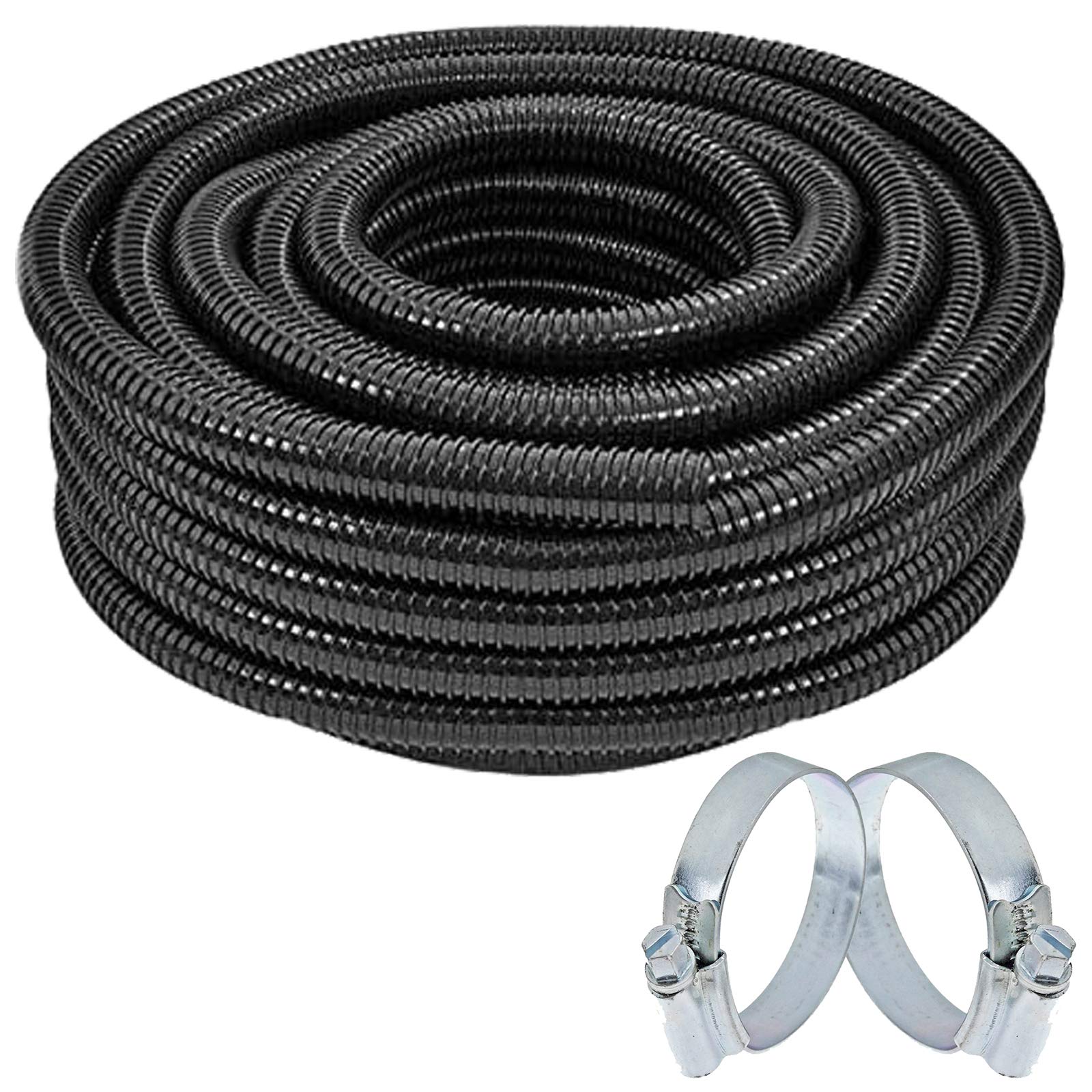 SPARES2GO Pond Hose Corrugated Flexible Filter Pipe Flexi Tube + 2 Clamp Clips (Inner 25mm, 10M)