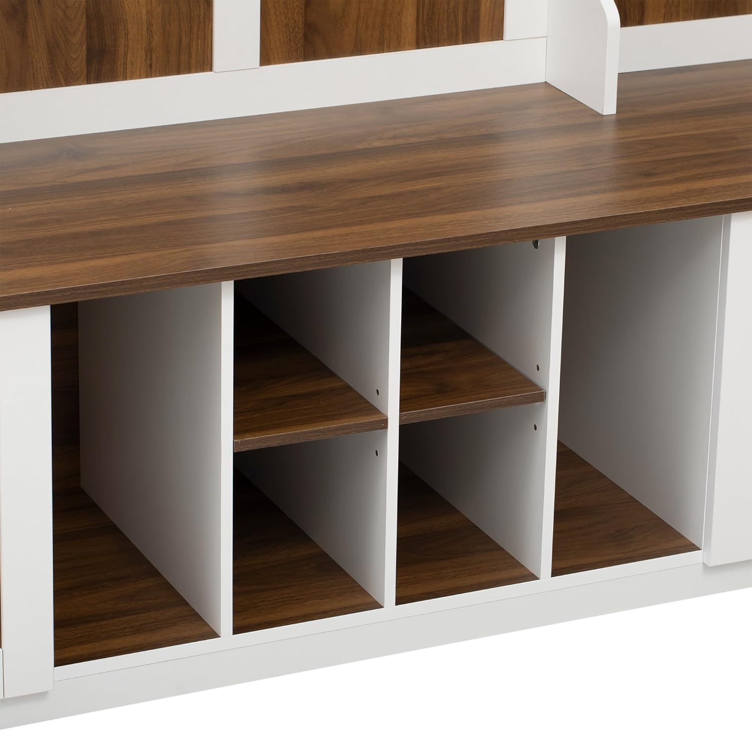 5-in-1 Entryway Bench with Coat Rack, 7 Sturdy Hooks, 2 Spacious Drawers and Adjustable Shelves, 58.8'' Wide Hall Tree with Metal Handles for Hallway, Entryway, Living Room (Brown+White)