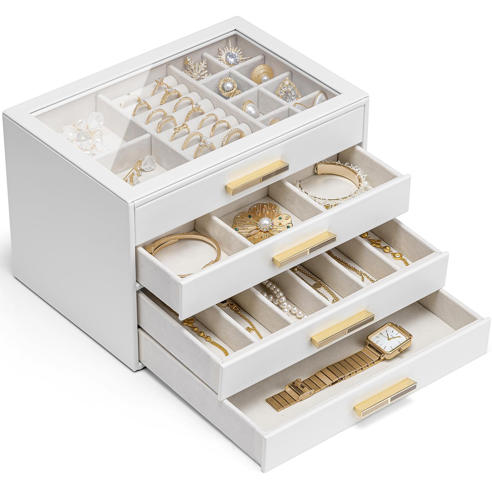 VLANDO Schmuckkästchen Groß, Schmuckkasten mit 4 Ebenen, Schmuck Organizer mit Glasdeckel, 4 Schubladen,für Halsketten, Ohrringe, Uhren, Armbänder, Schmuckaufbewahrung, Modern