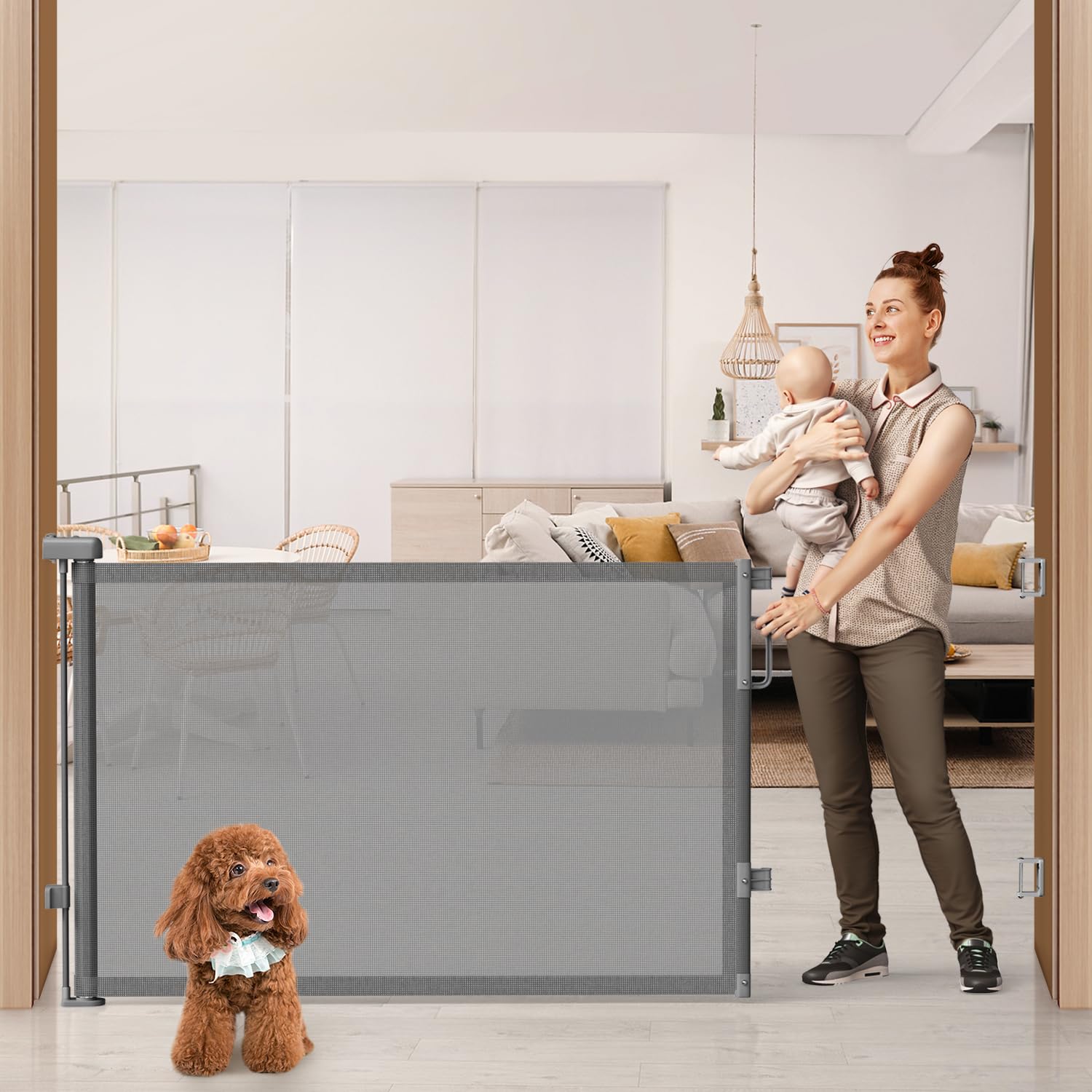 76'' Retractable Baby Gates Extra Wide, Mesh Long Dog Gate for Wide Openings, Indoor Outdoor Stair Gate for Doorways Hallways Deck Porch, Child Pet Safety Essentials for Home, Grey